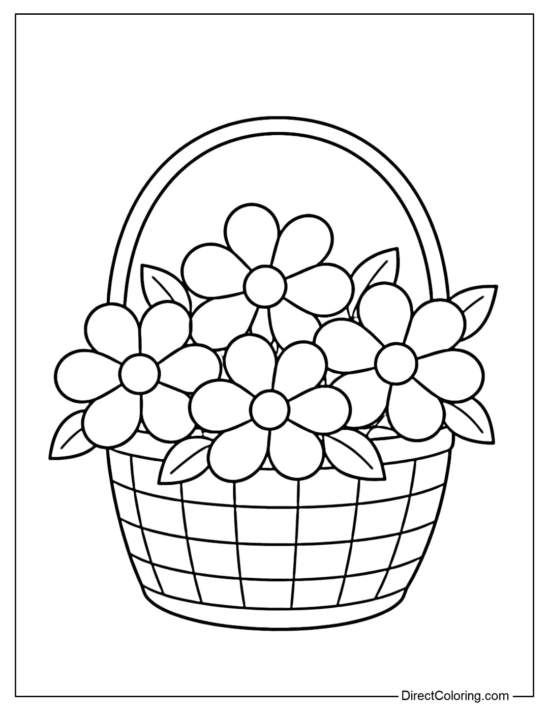 A simple flower basket coloring page featuring large, round-petaled flowers with curved handles, and no small details.