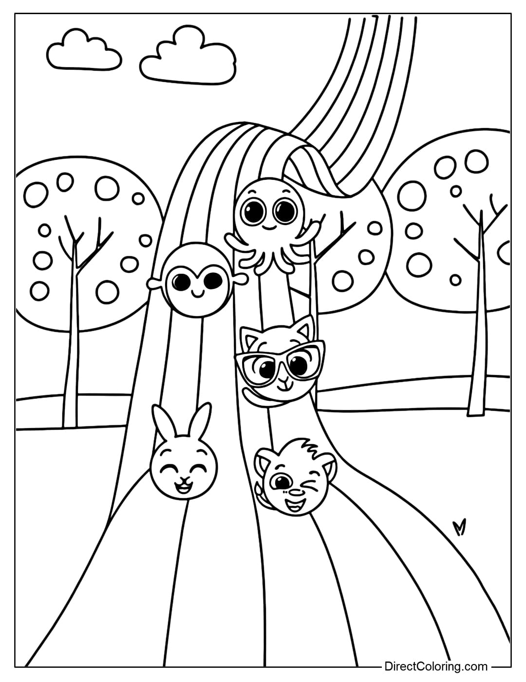 A coloring page featuring Rick, Pow, Sophie, Bunny, Pipi from Bolofofos playing on a rainbow.