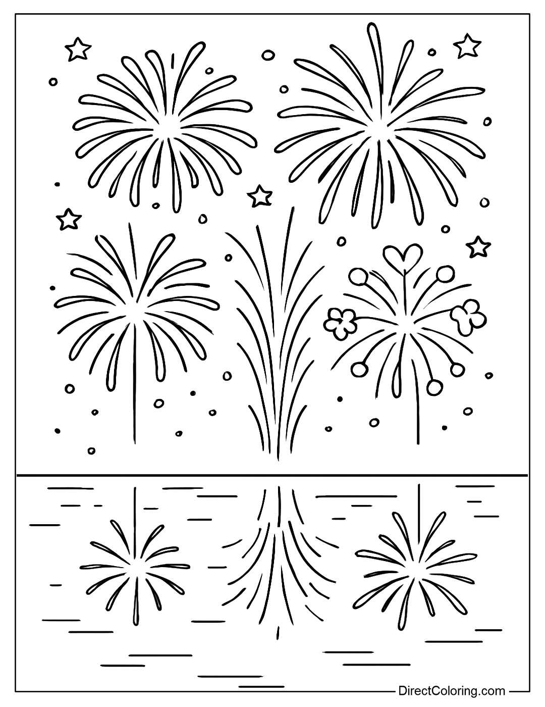 Coloring page of fireworks in the sky and reflection in a calm lake.