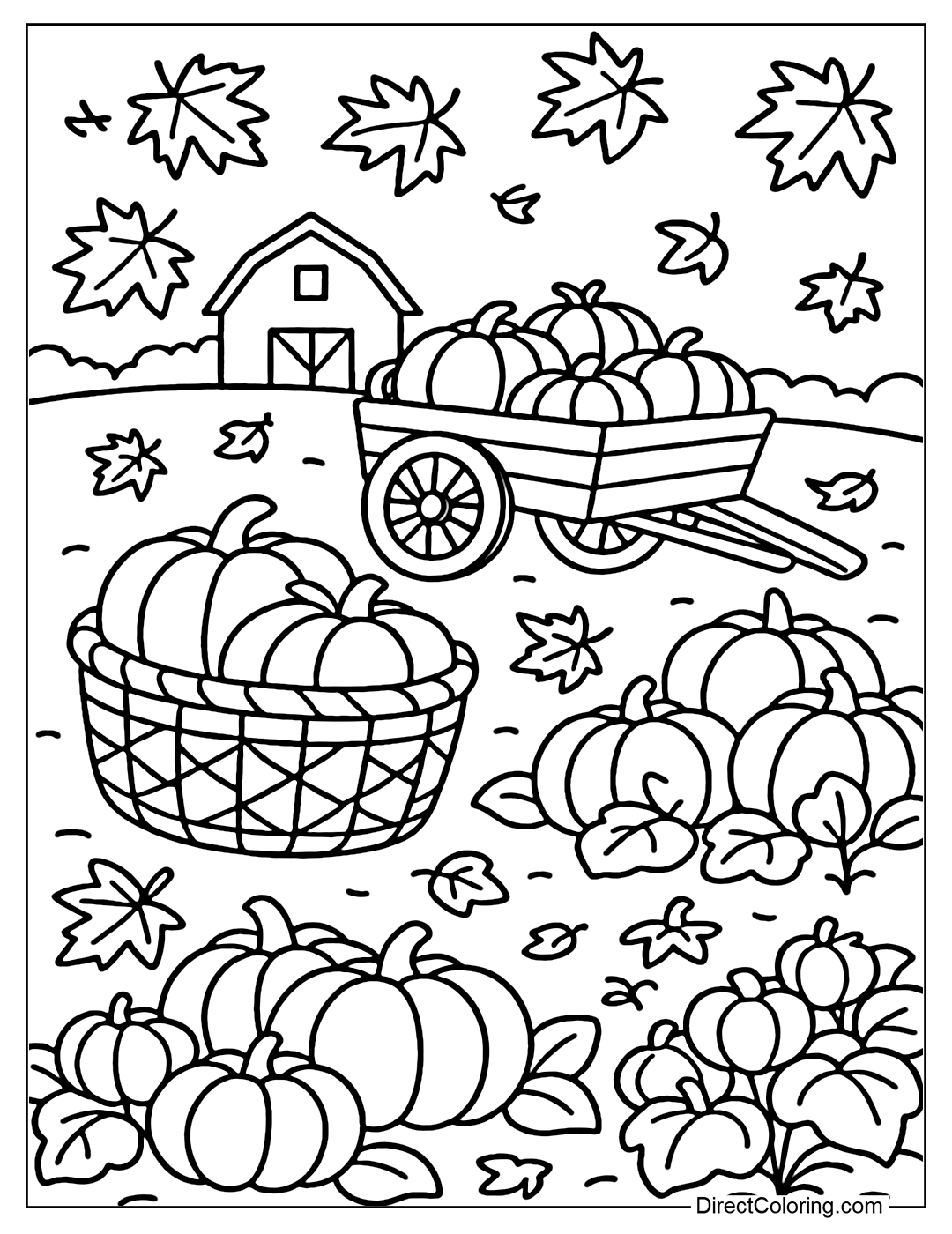 A pumpkin harvest coloring page with a wicker basket, falling maple leaves, and a pumpkin wagon.
