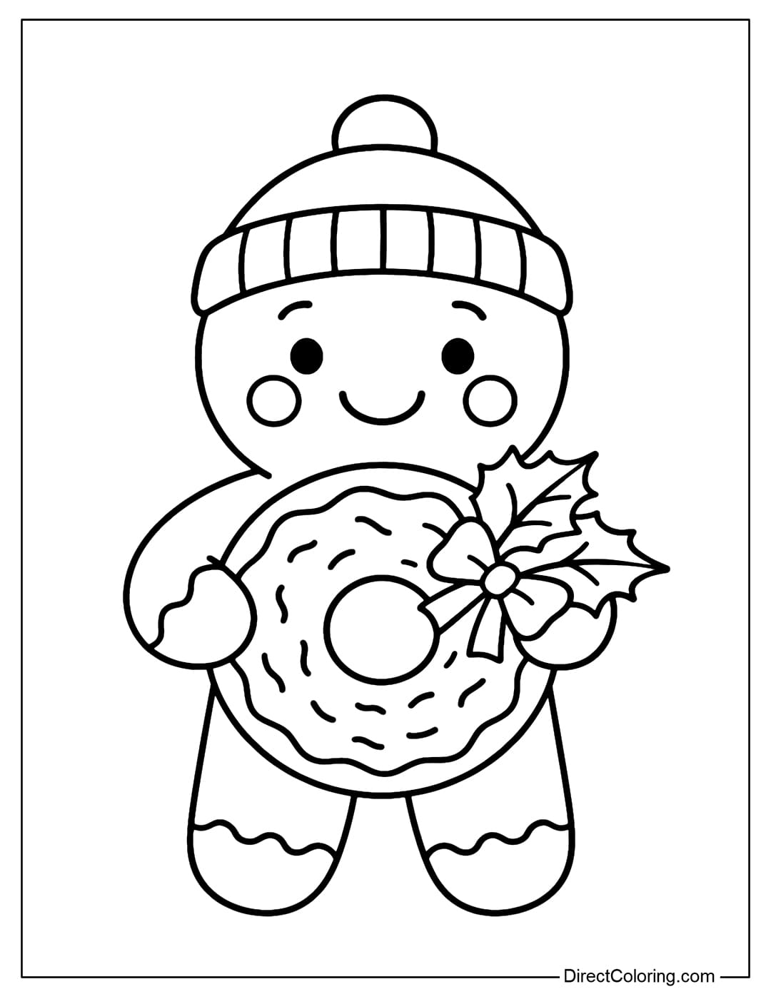 Coloring page of gingerbread man wearing red woolen hat, holding donut covered with white icing, decorated with plastic leaves and red bow.