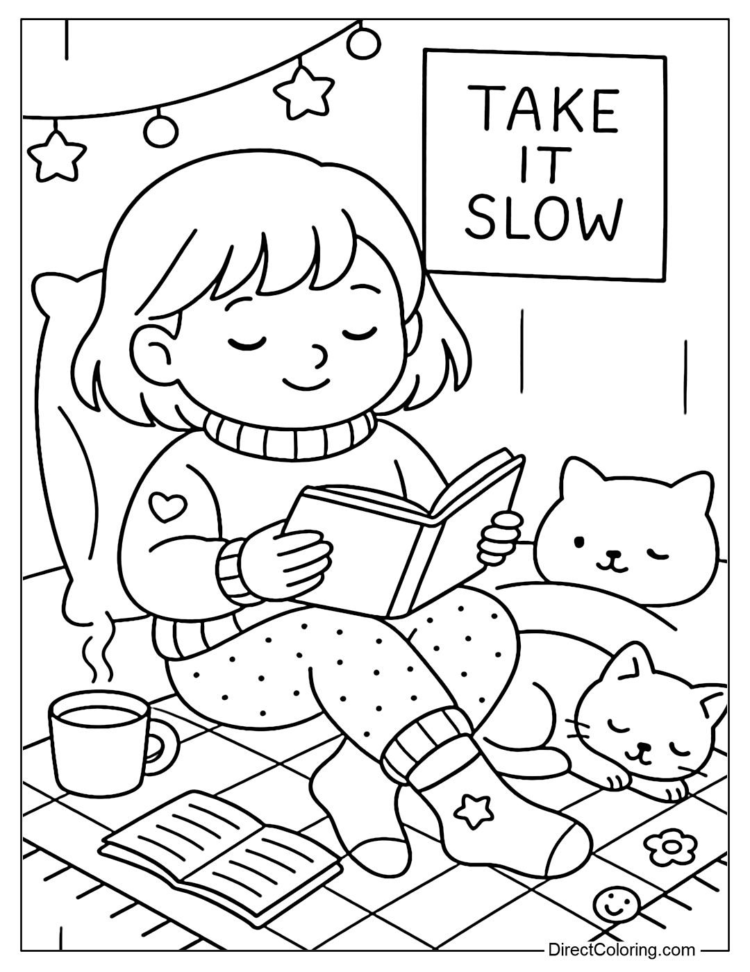 Coloring page of a baby wearing warm woolen clothes, half socks, sitting with his feet up reading a book with a cat lying next to him.