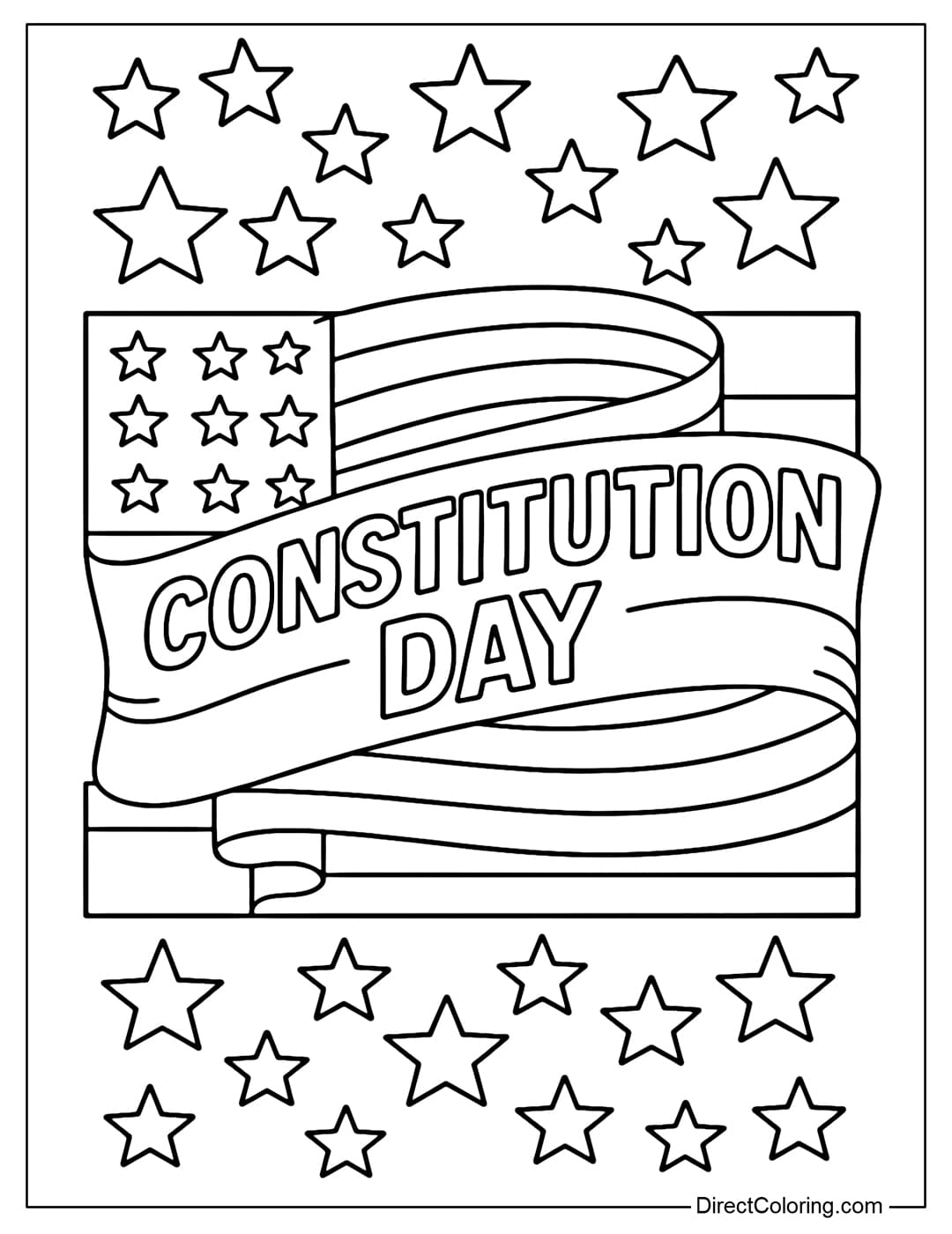 A coloring page of a holiday ribbon with the words 