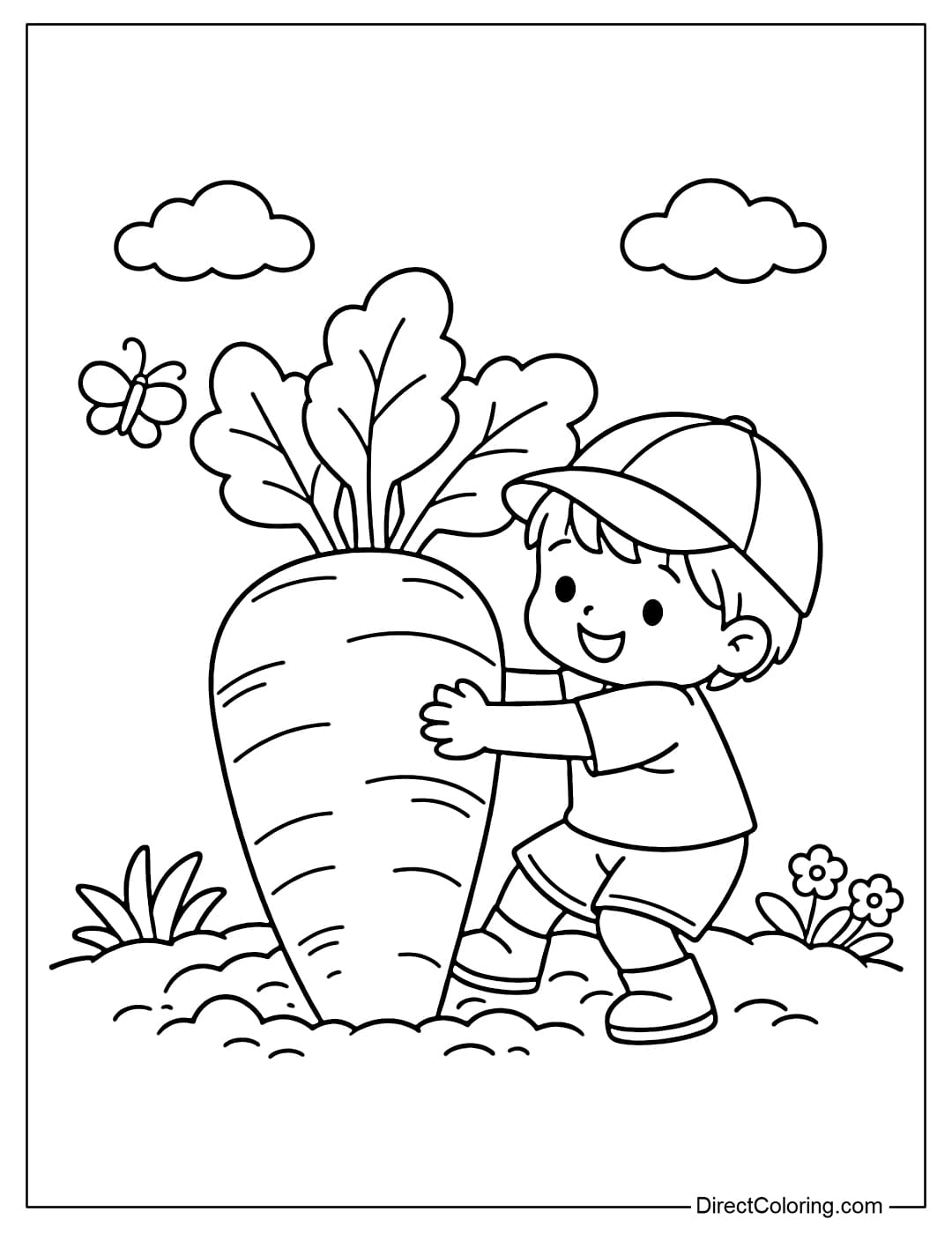 A child pulling a large carrot out of the soil.