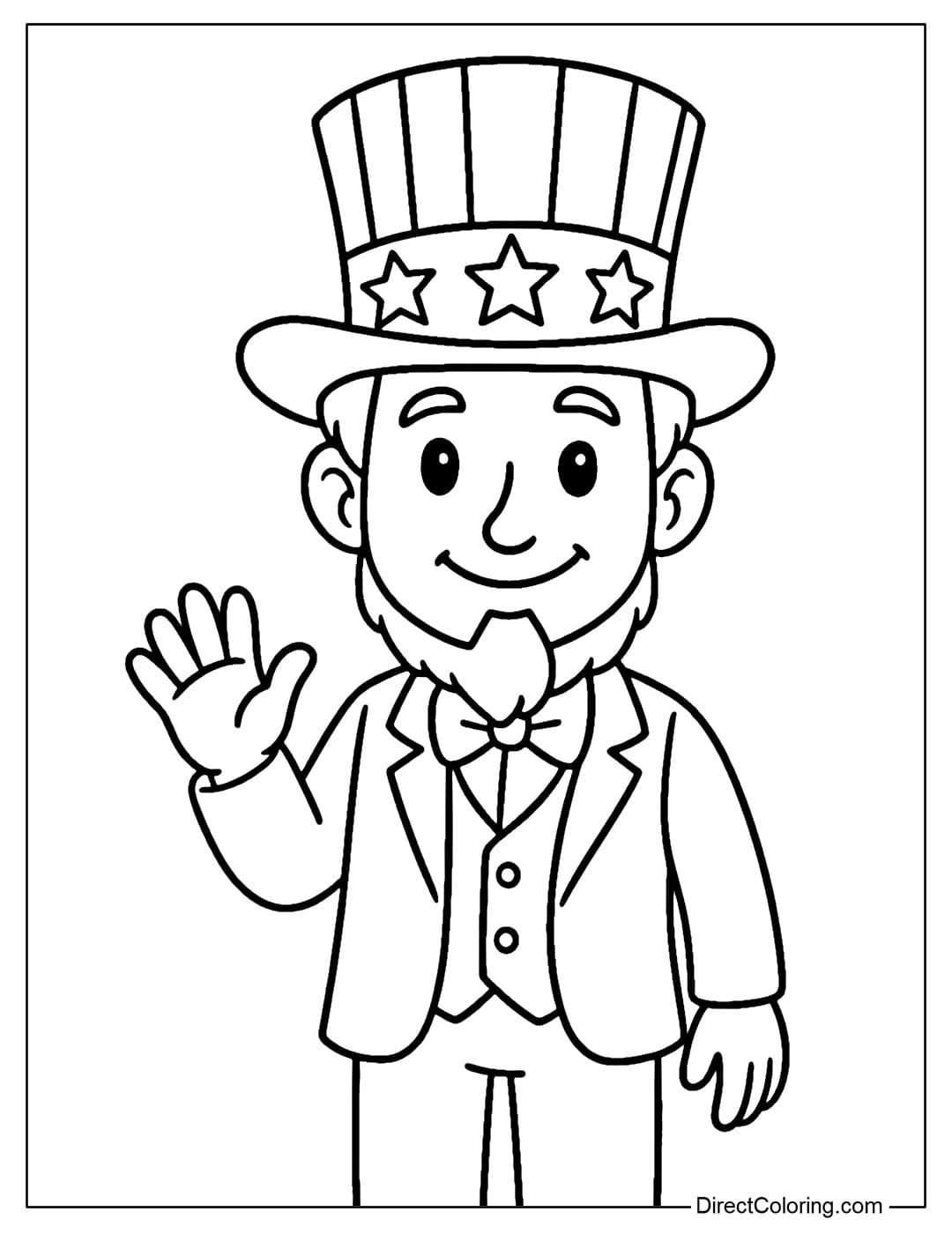 A coloring page of a cute Uncle Sam character, wearing a red-white-blue striped top hat, smiling friendly.