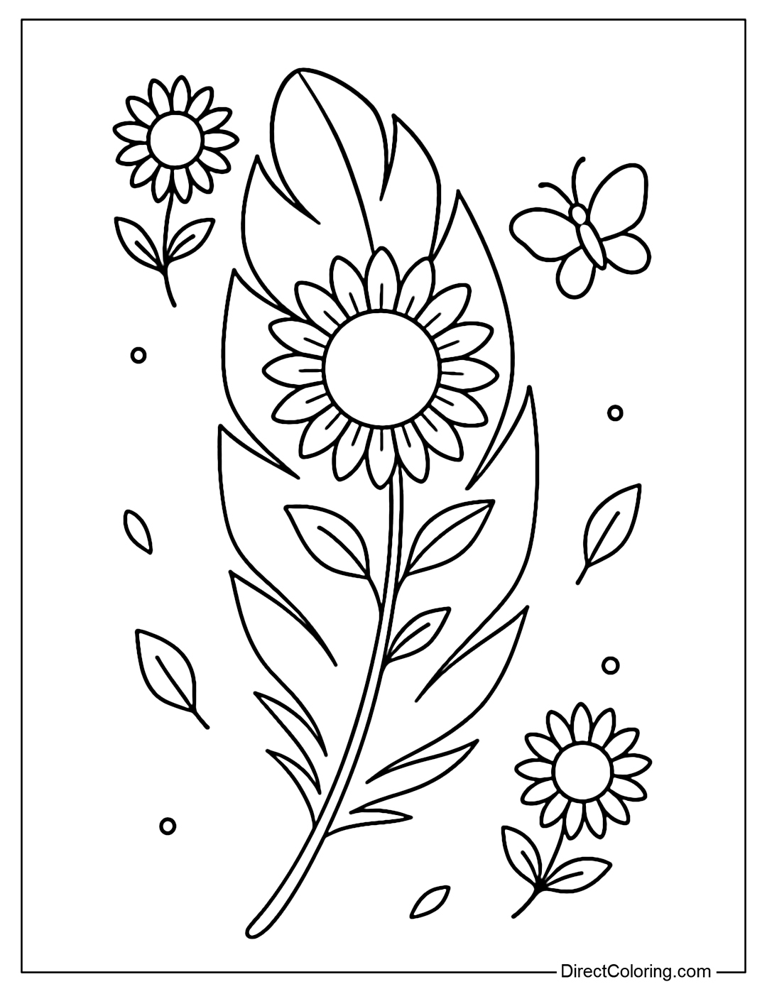 Feather coloring page with sunflowers and little butterflies flying around.