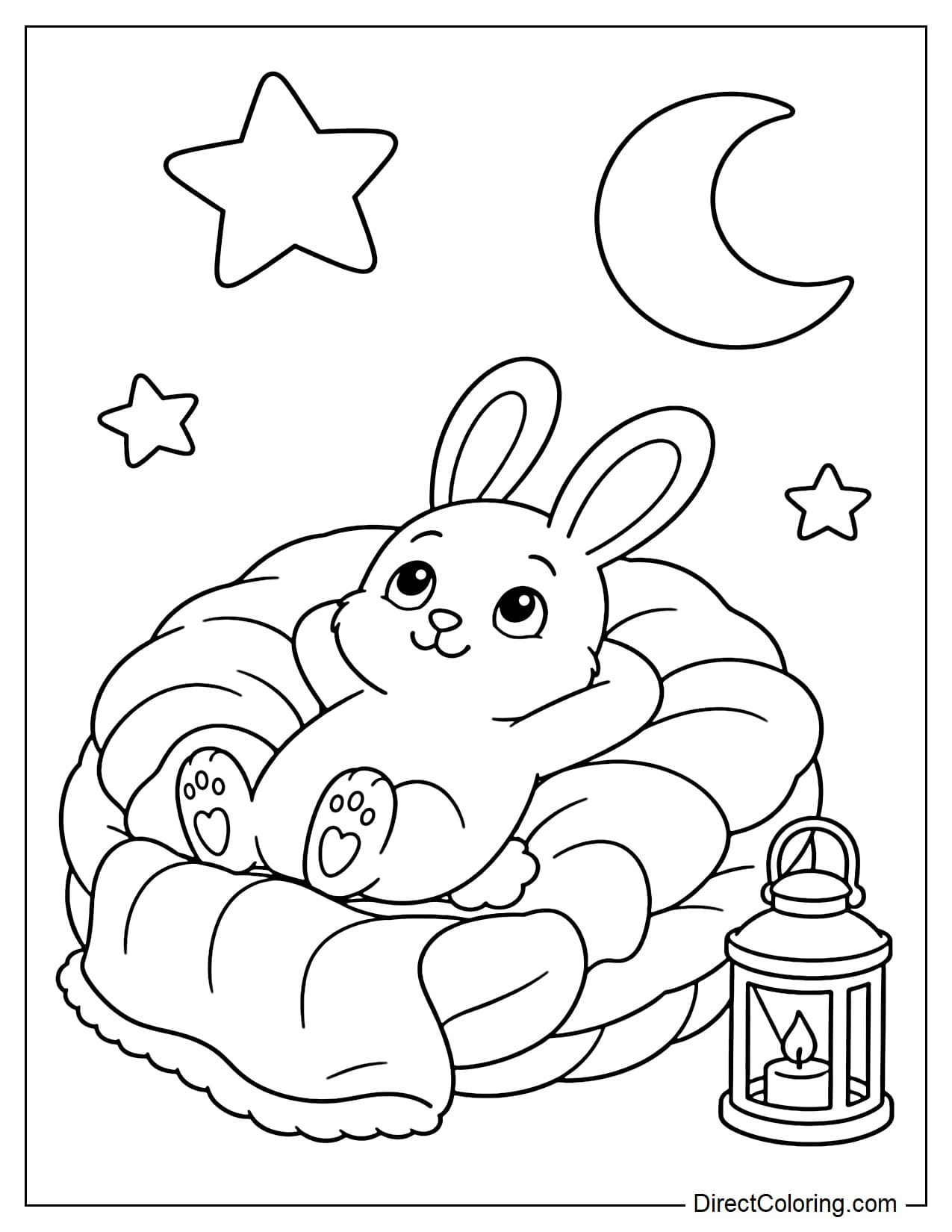 A rabbit lies on its back in a soft round nest of blankets, with both paws behind its head while looking up at the stars and a crescent moon. A small lantern sits beside it.