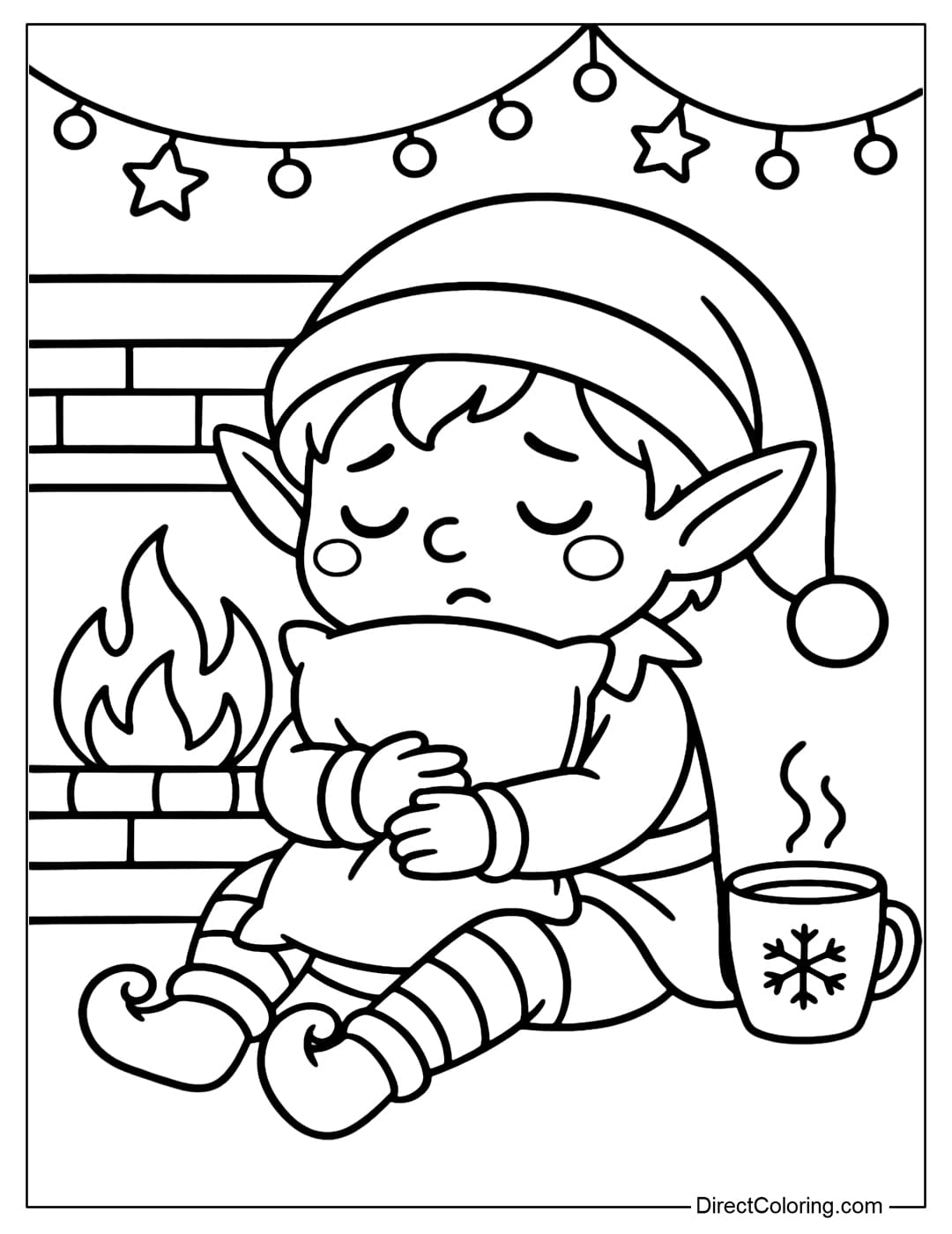 A coloring page of a sleepy elf hugging a pillow by the fireplace, with twinkling lights and a cup of cocoa beside him.