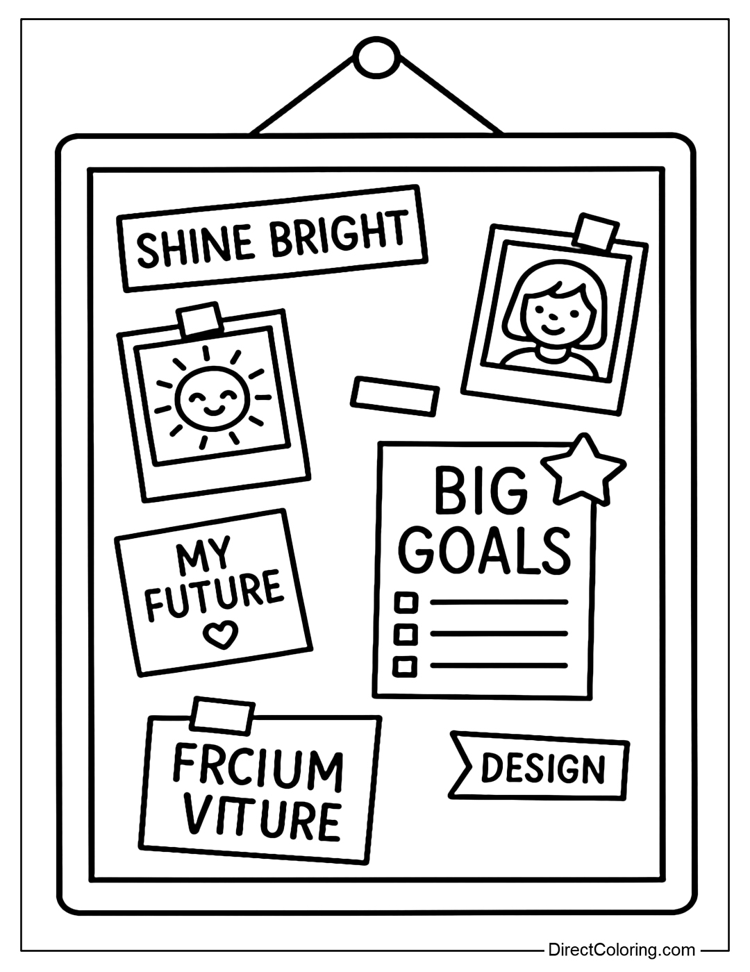 Dream board coloring page with hanging pictures, stickers with the words 