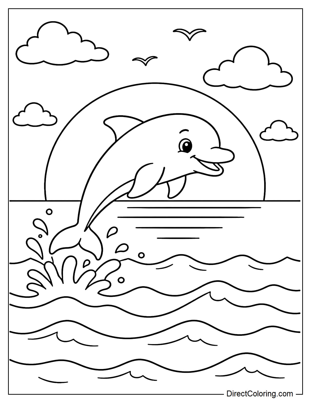 A dolphin leaps towards the large setting sun on the horizon, with simple ocean waves below.