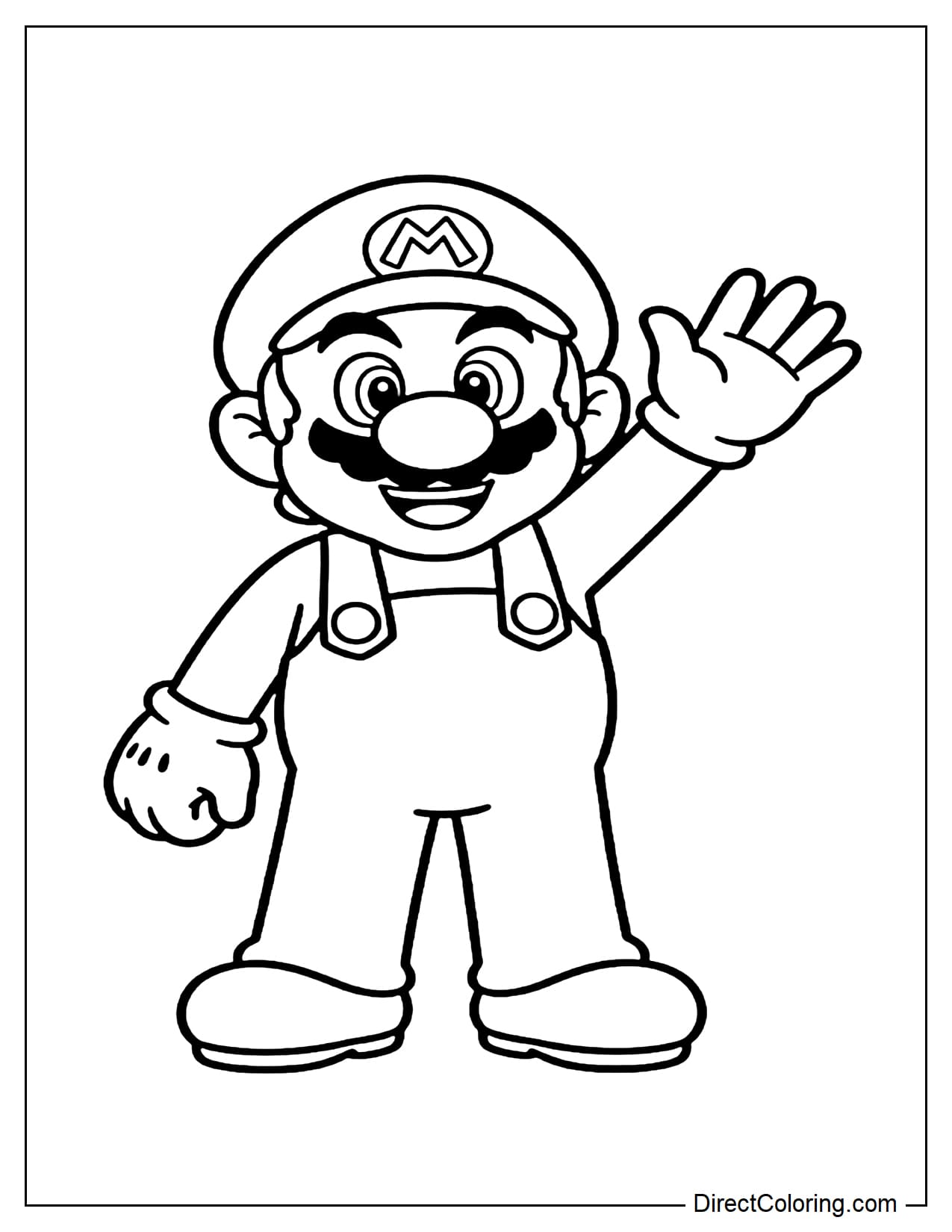 Mario stands cheerfully and waves hello, with a friendly pose and a bright, smiling face.
