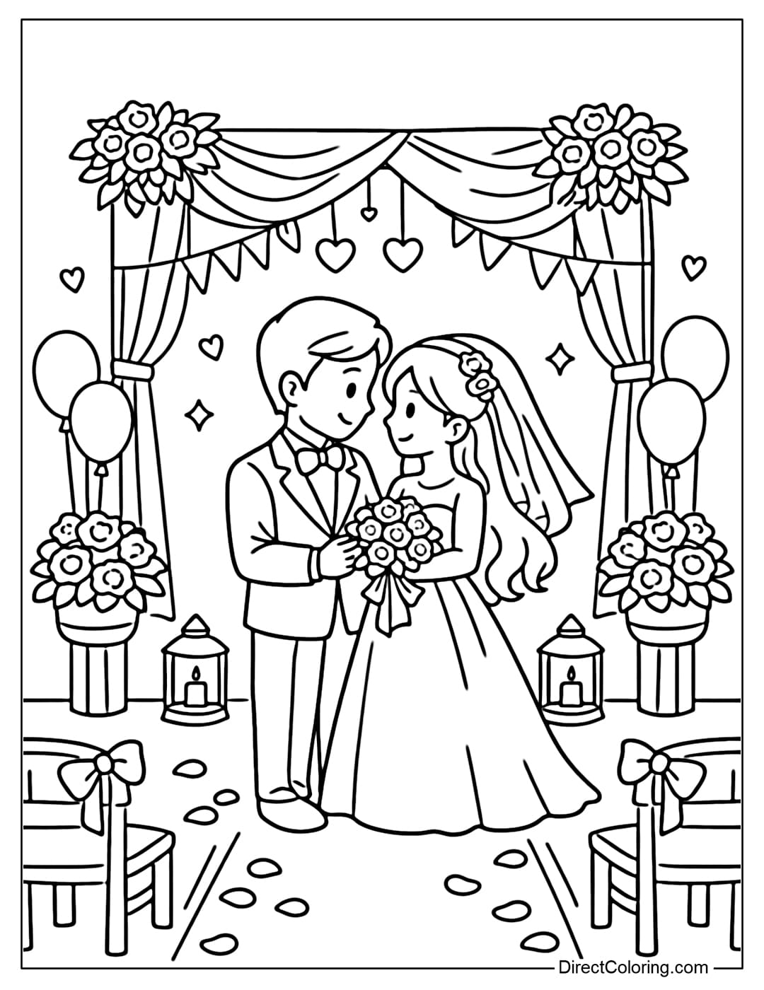 Coloring page of a simple wedding scene with the bride and groom and surrounding decorations, without too many details.