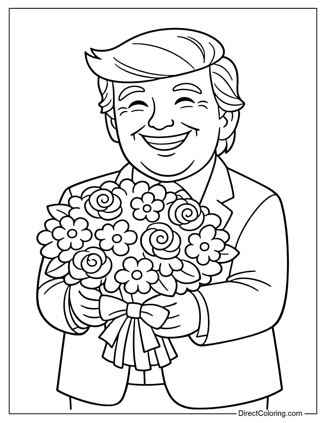 A coloring page of Donald Trump holding a large bouquet of flowers with both hands, with a happy and cheerful face.