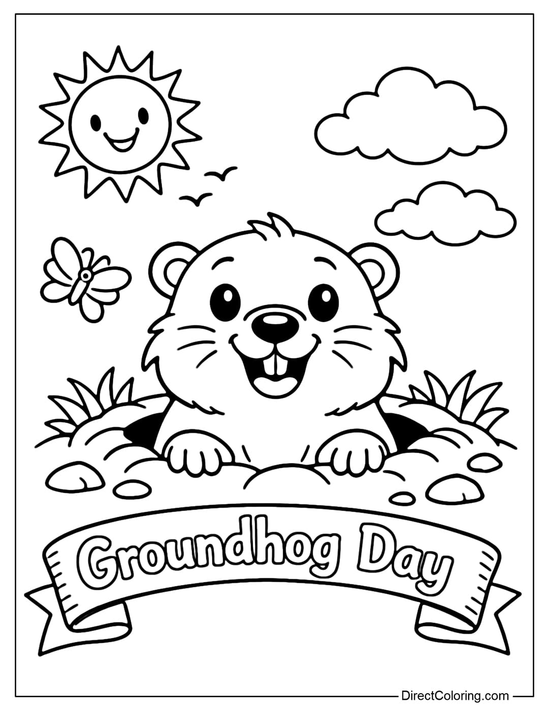 A coloring page of a groundhog peeking its head out of its burrow, with a curved banner below that reads 