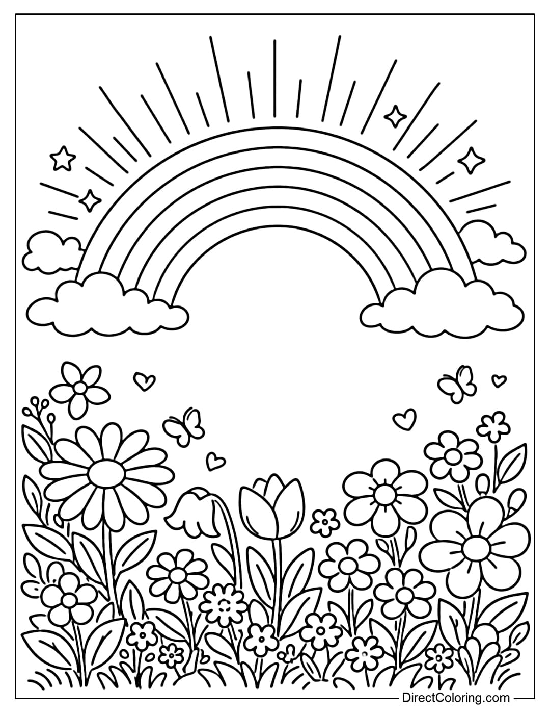 A coloring page with a large rainbow shining above a garden full of blooming flowers, featuring simple flowers.