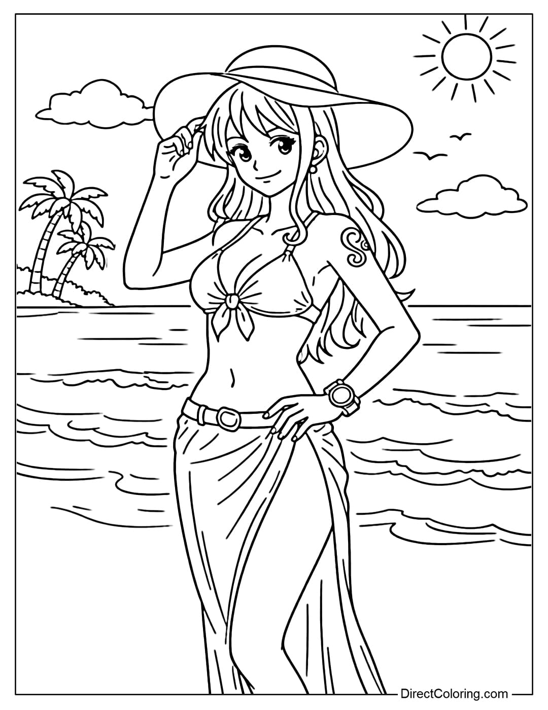 Beautiful Nami standing on the beach with some waves.