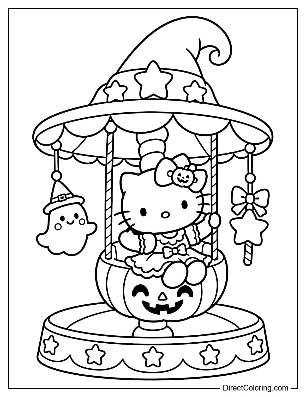 Hello Kitty wears a Halloween dress and sits on a carousel seat shaped like a smiling Jack-o'-lantern. The carousel roof is a giant witch hat decorated with three large stars, with a little ghost and a star-shaped candy hanging on either side.