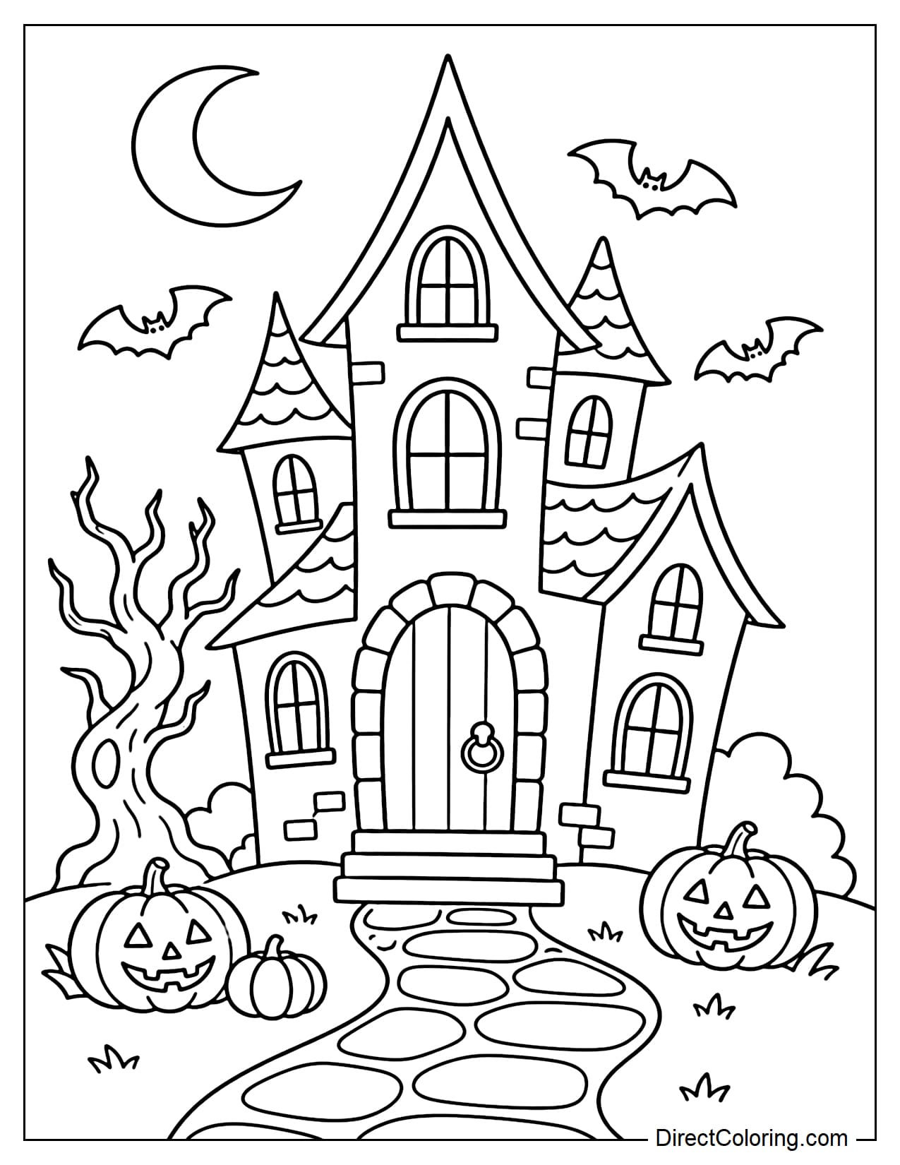 An old haunted house with pointed roofs, a large front door, and glowing windows, with a stone path, several pumpkins, and a crooked bare tree in front, while a crescent moon and a few bats appear overhead.