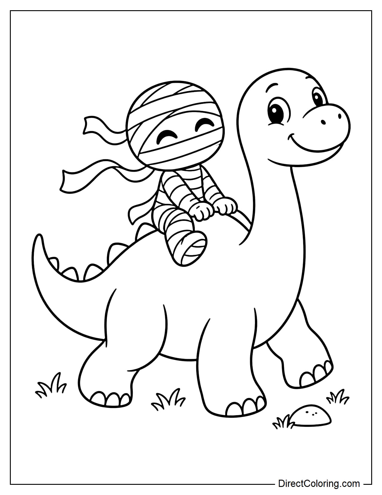 A mummy is happily riding on the back of a friendly dinosaur.