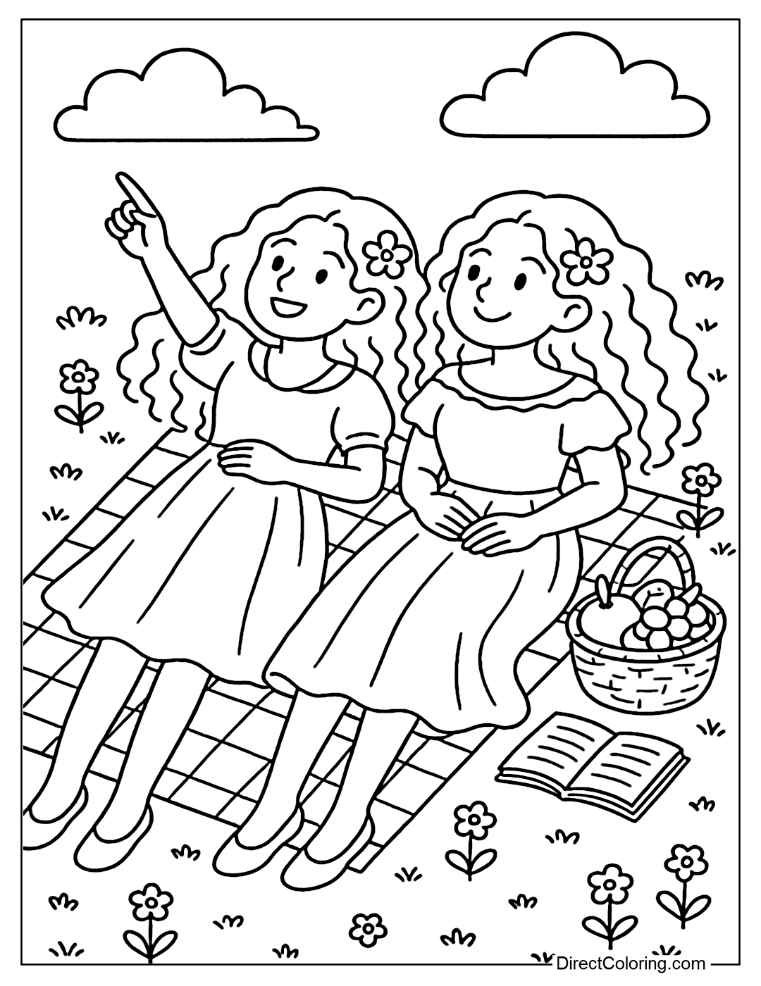 Coloring page of two girls lying on a blanket in the middle of a field, pointing to the clouds, next to a basket of fruit and a book.