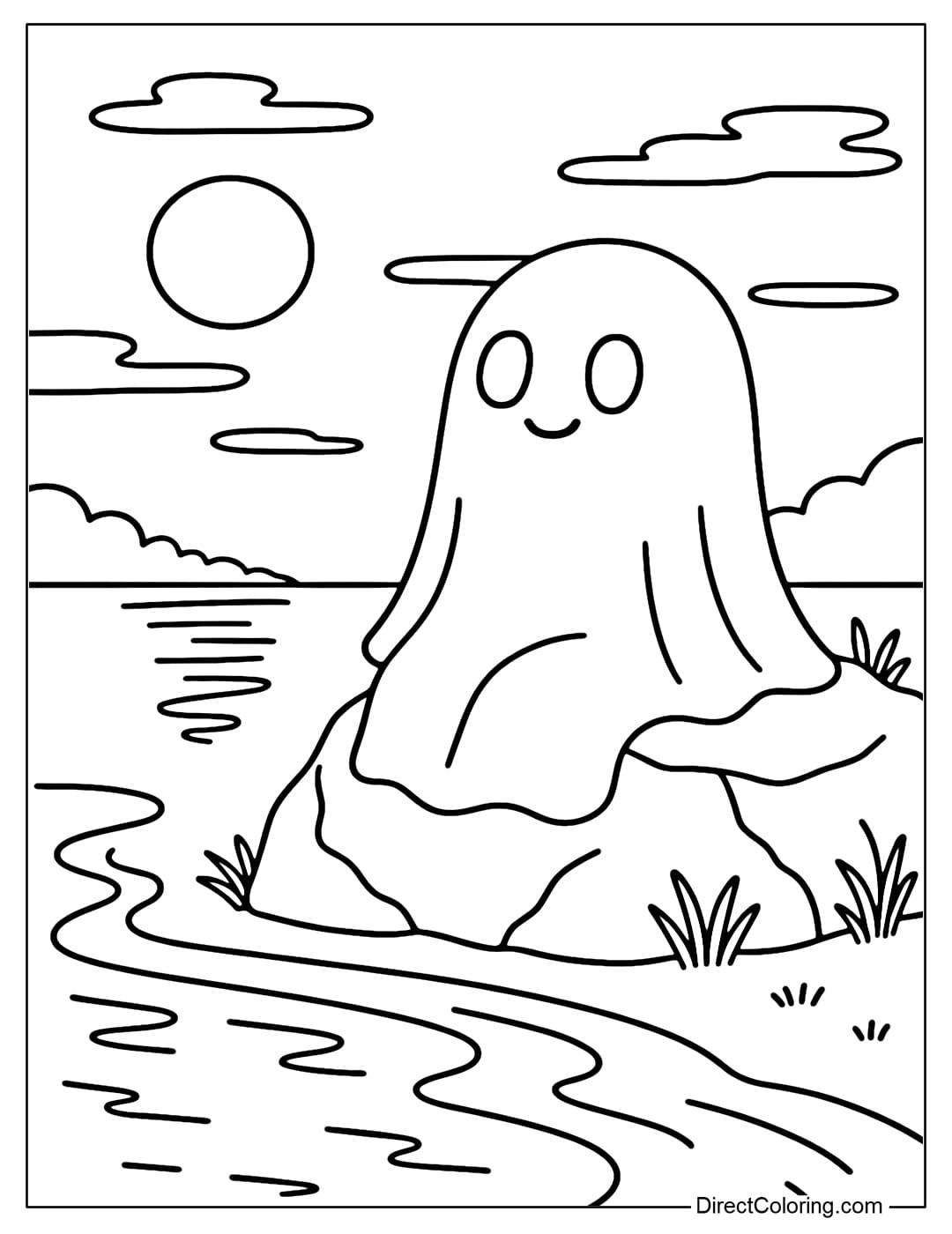 A ghost coloring page sitting on a rock by the river, the moon reflecting on the water, ghostly but cute.