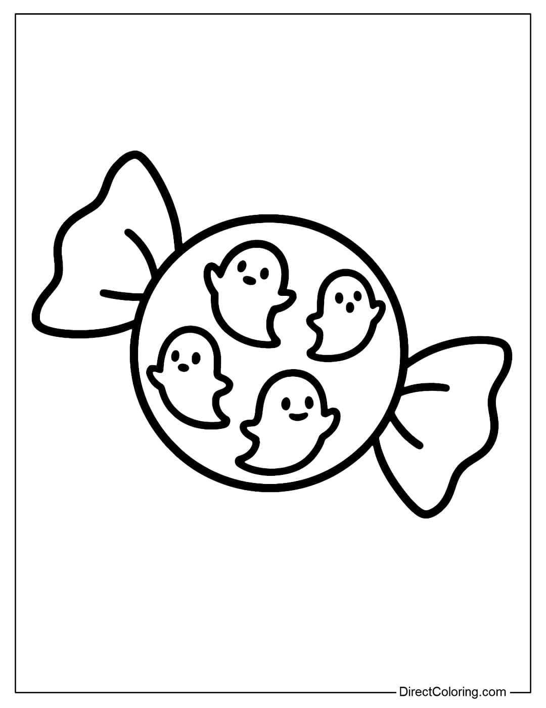 Coloring page of a round candy wrapper printed with cute little ghosts, the two ends of the wrapper are twisted into a bow.