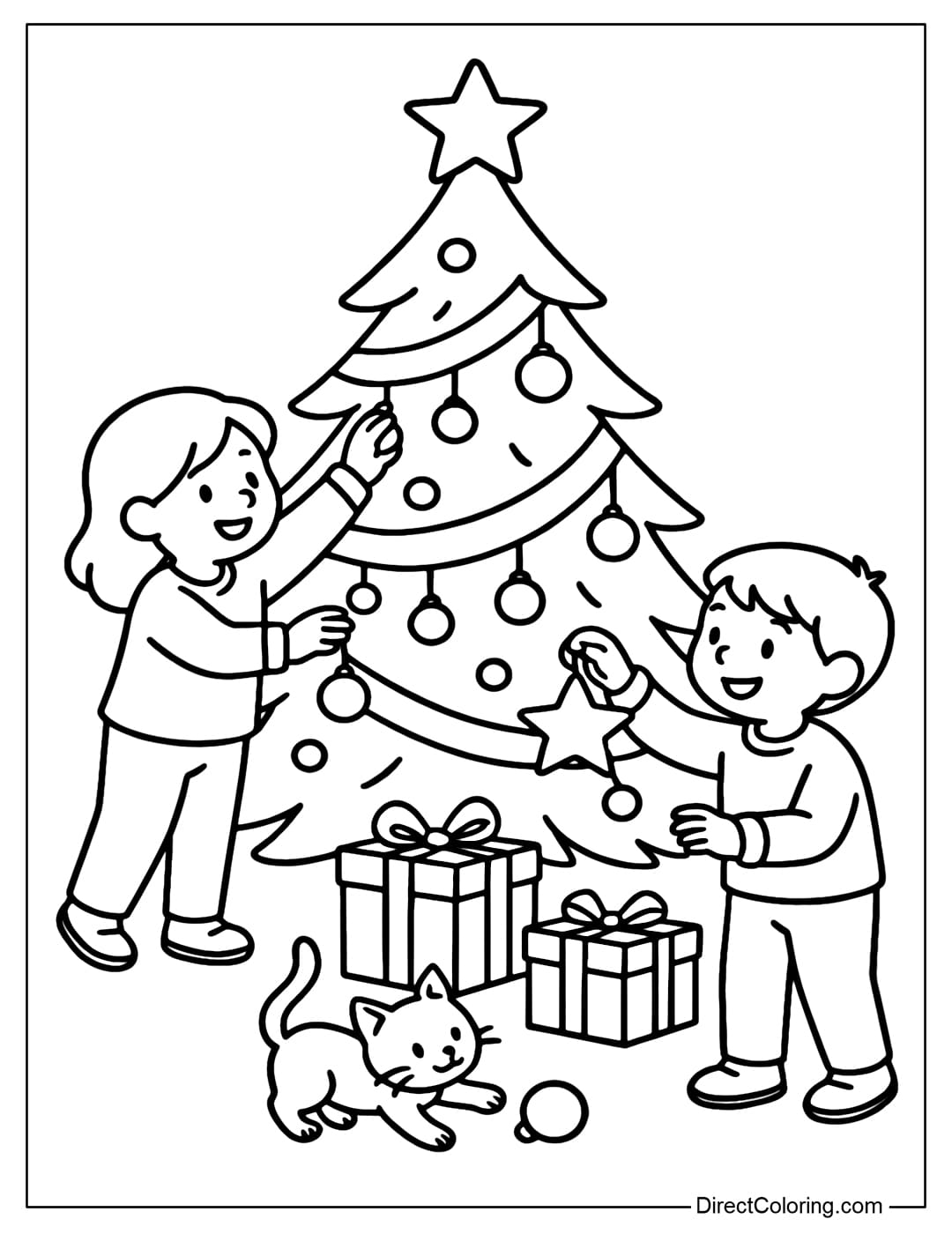 A coloring page of two children decorating a Christmas tree, hanging balls, ribbons and stars.