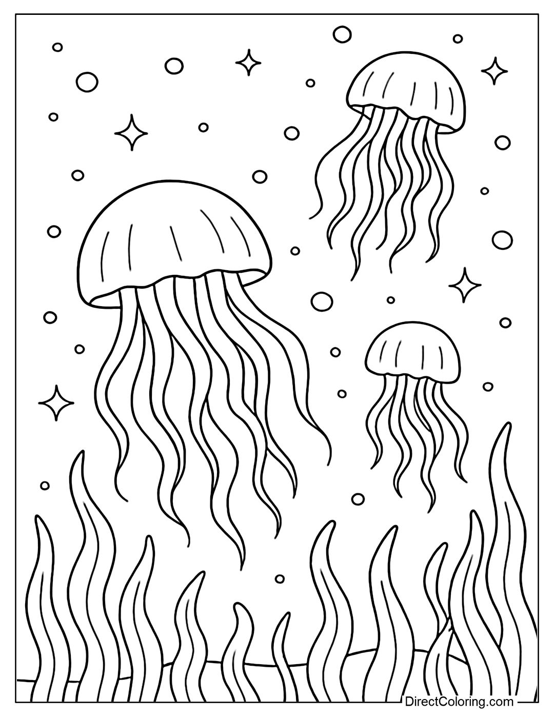 Underwater dream scene coloring page: sparkling lights, floating jellyfish, graceful seagrass.