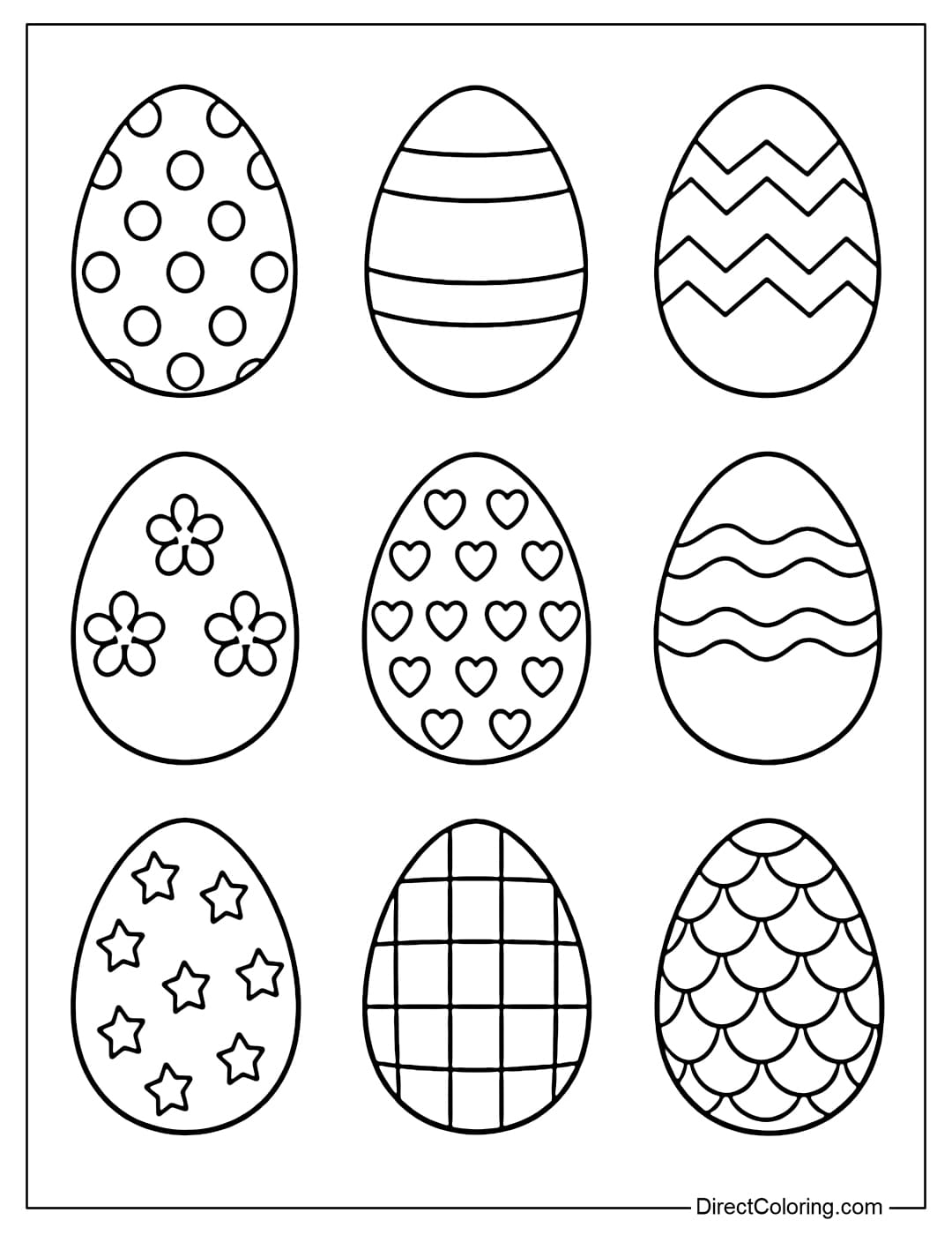 This coloring page includes 9 Easter eggs, each with a different pattern including: polka dots, horizontal stripes, zigzags, five-petal flowers, hearts, wavy lines, stars, checkered squares, and fish scale patterns.