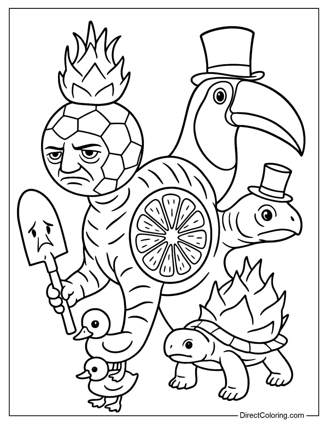 Coloring page Mixed Italian Brainrot Character TigrulliGrape Agarrini Torrtuginni Tukanno Bananno Alessio Los Bombinitos Carlo Dragonfrutinni.