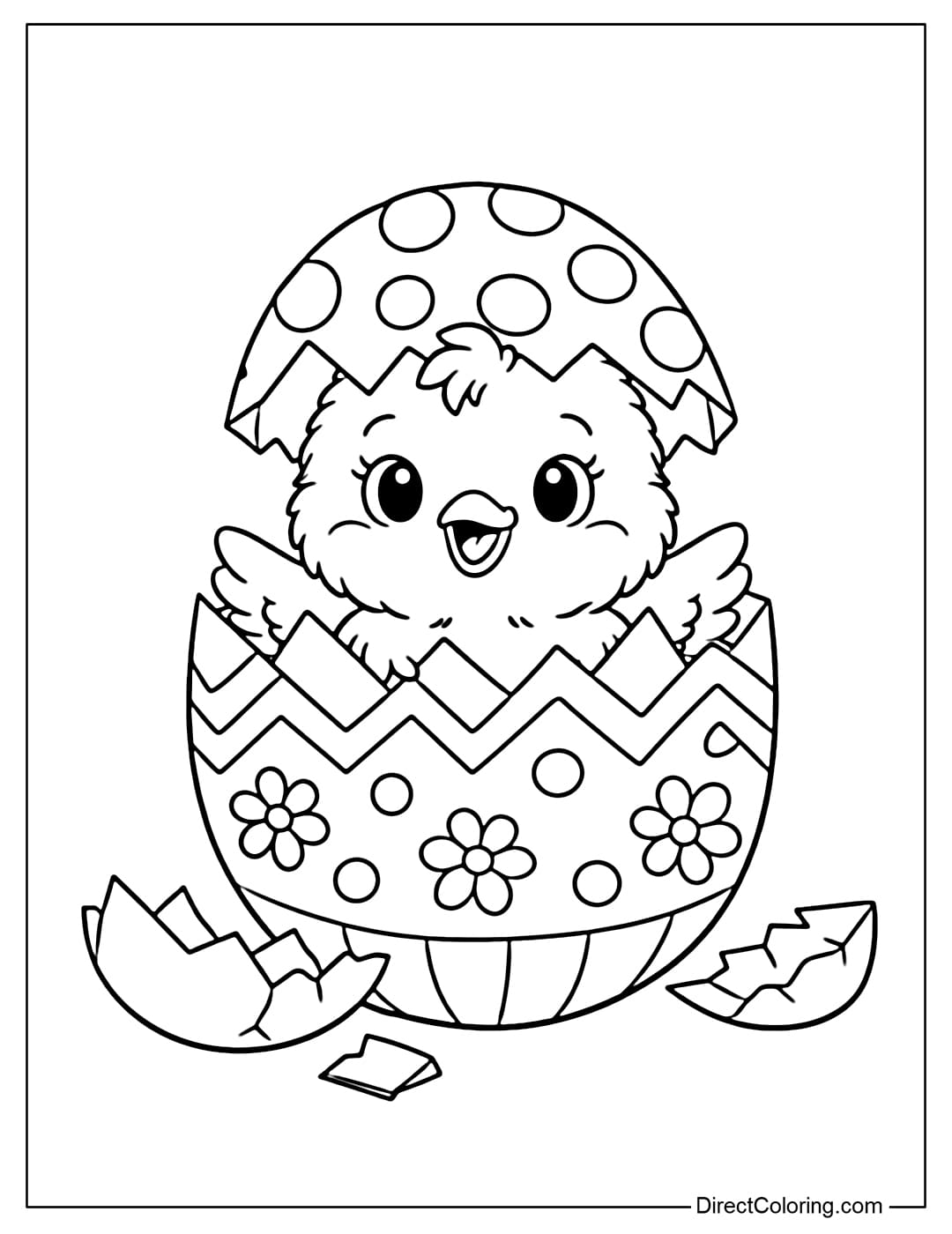 A coloring page of an Easter chick hatching from an egg with characteristic patterns like zigzags, polka dots, and small flowers, with a few pieces of eggshell scattered around.