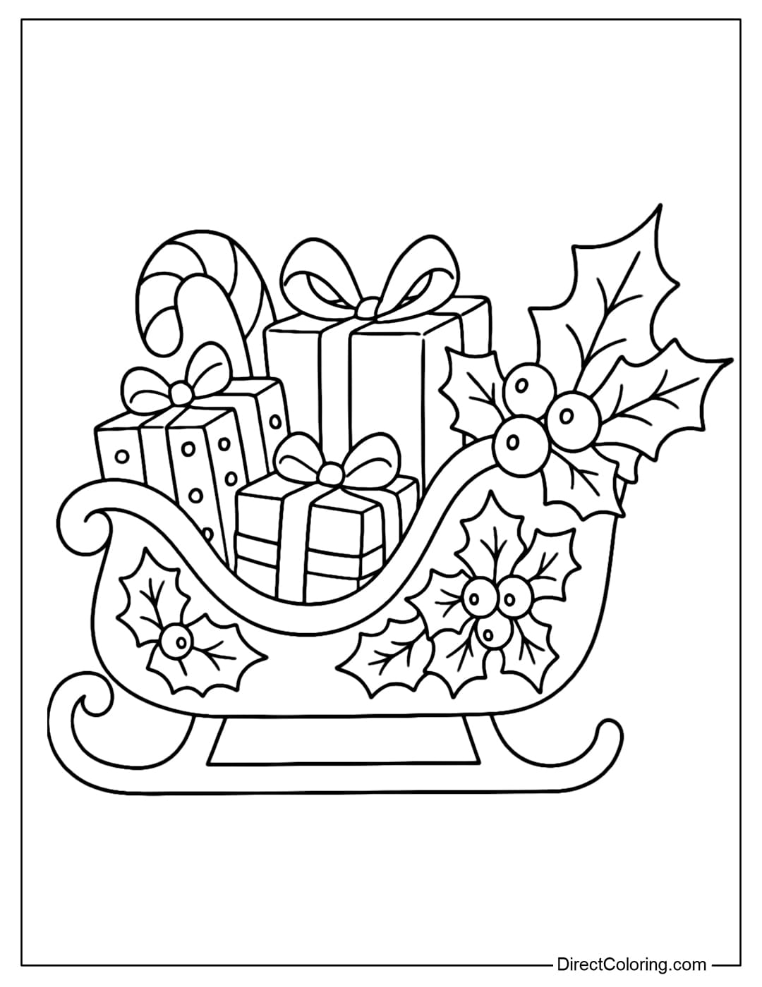 A sleigh coloring page decorated with holly leaves and berries, and filled with gift boxes.