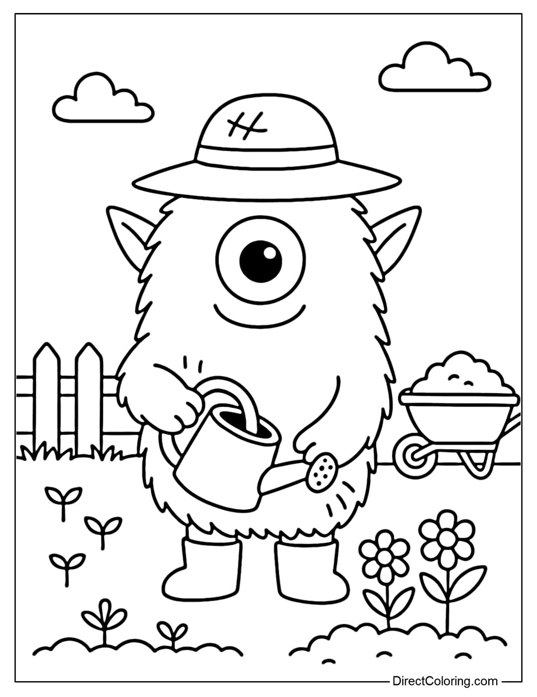 A coloring page of a furry monster with a single big eye in the middle of its forehead and pointed ears sticking out to the sides. It wears a straw hat and rubber boots, and holds a watering can.