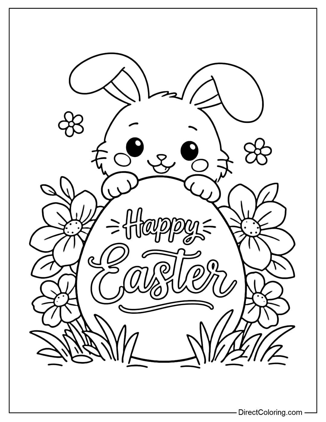 A cute Easter bunny coloring page showing a bunny sitting behind a large egg with the words 