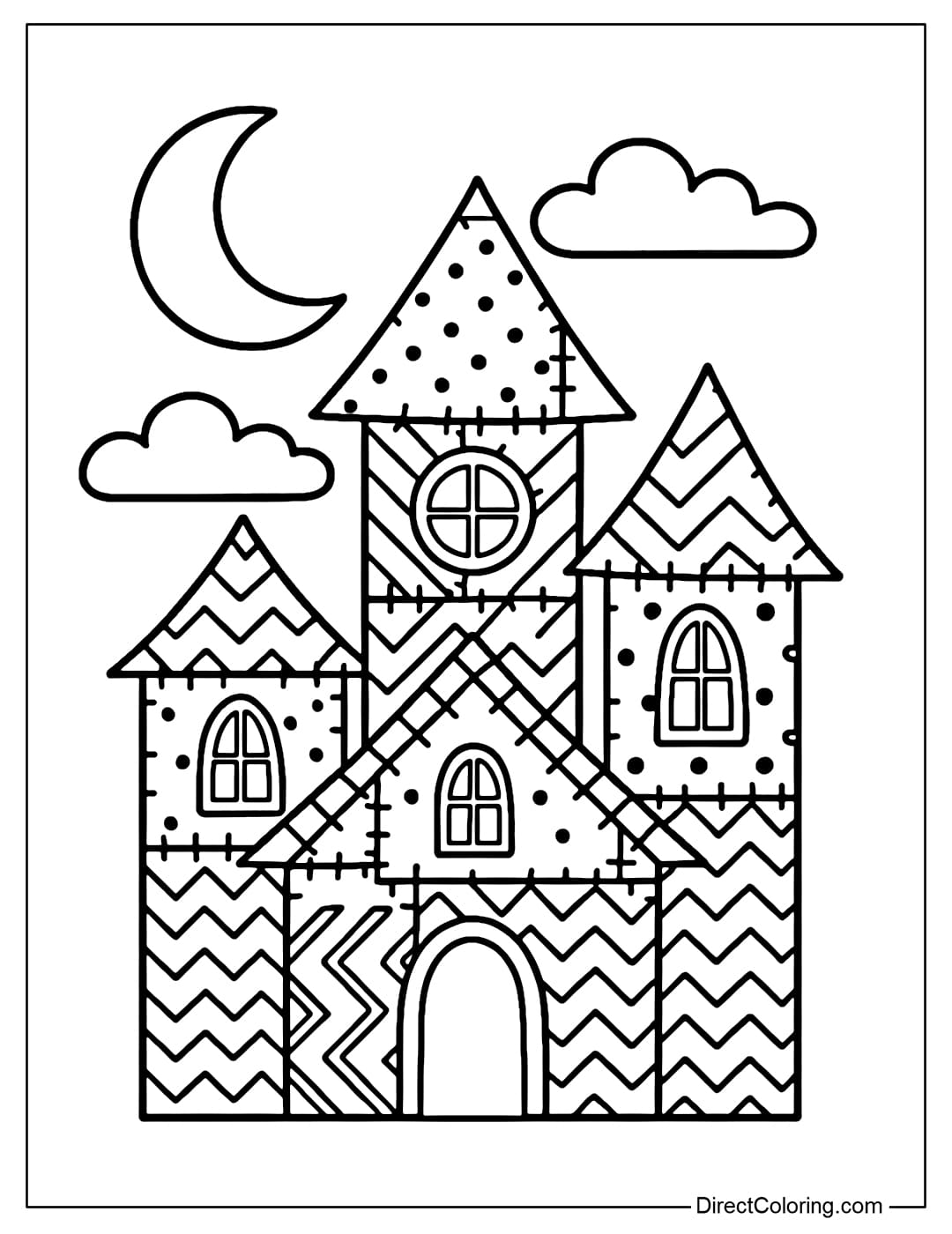 A haunted house coloring page, the walls and roof are patchworked with various fabrics, round windows, surrounded by moons and clouds.
