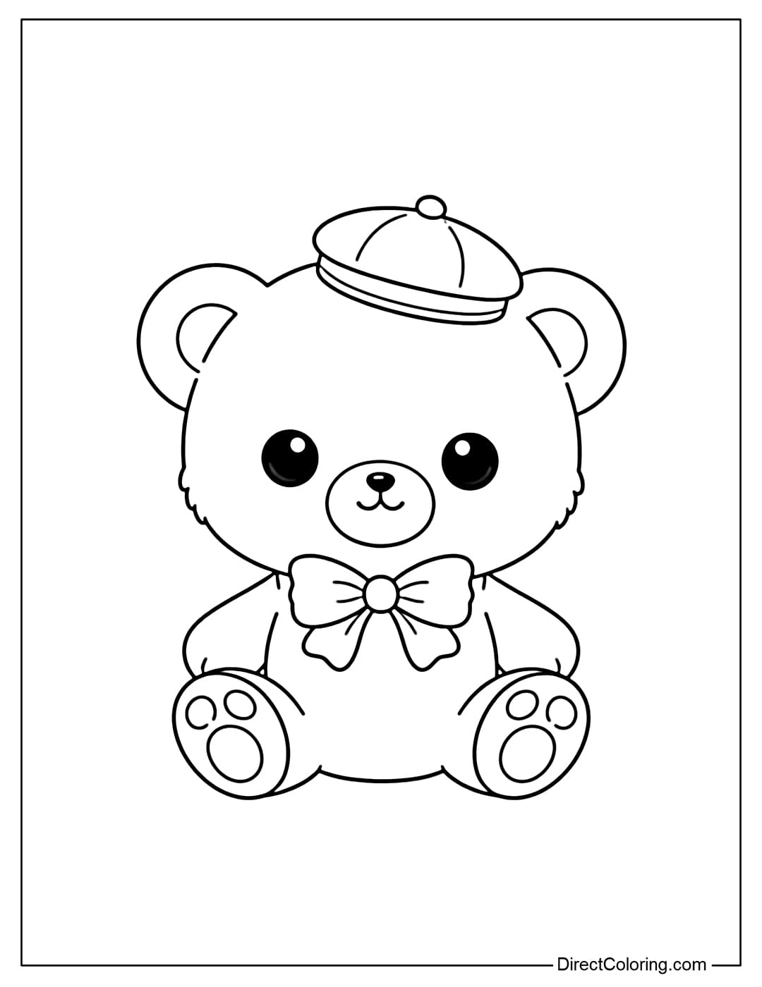 A coloring page of a tiny teddy bear with a mini body, a bow around its neck, and a cute little hat on its head.