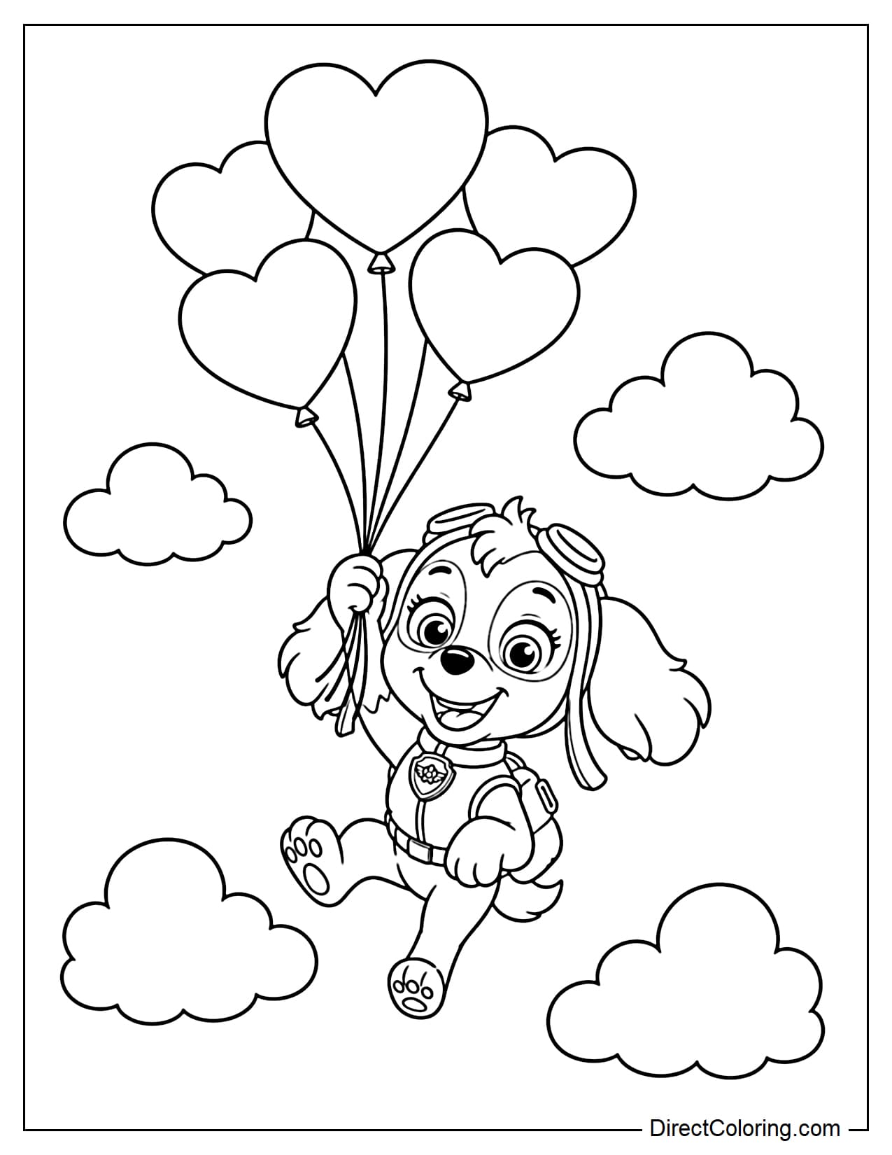 Skye floats through the sky lifted by heart-shaped balloons, her legs swinging happily, surrounded by a few fluffy clouds.