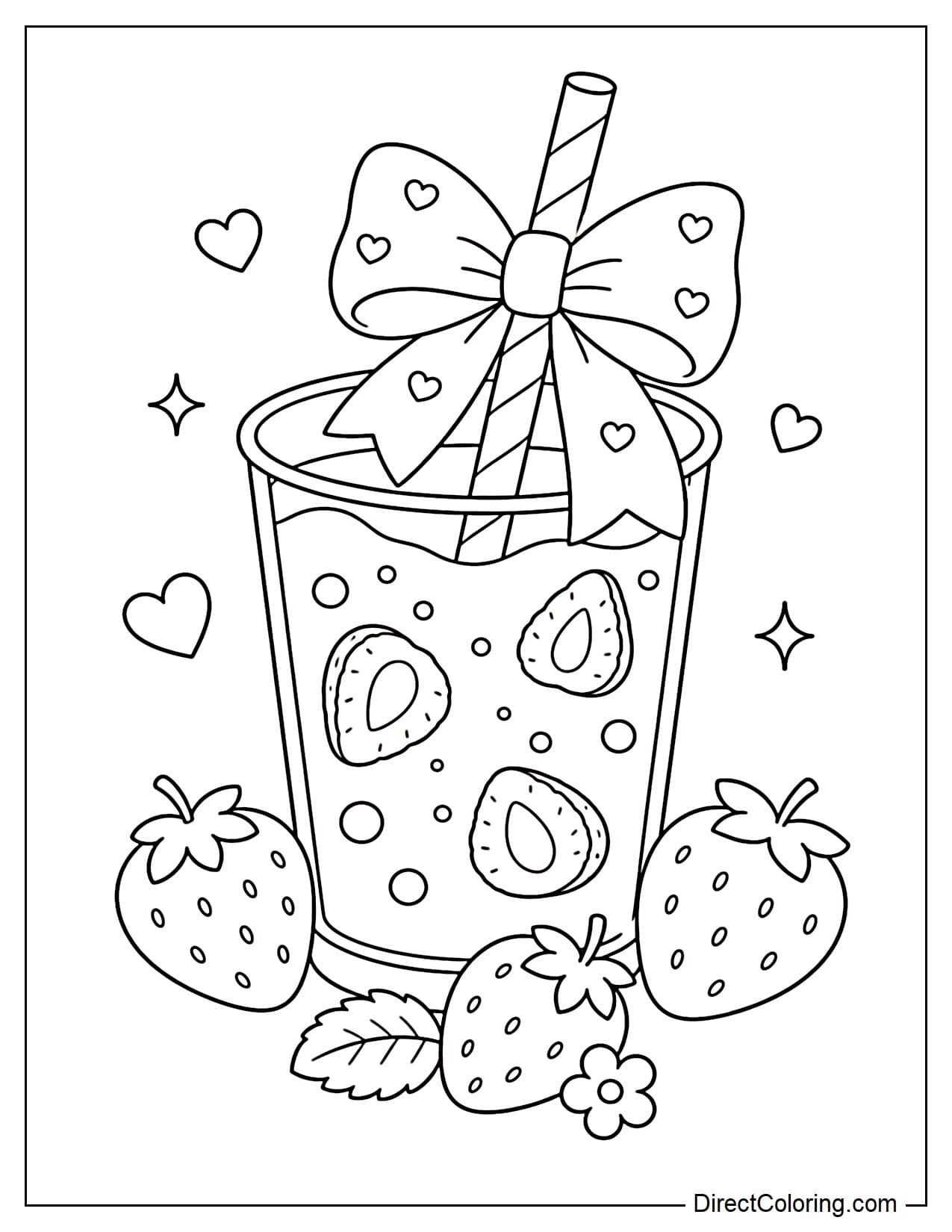 A glass of strawberry soda with a straw tied with a large bow, featuring a few simple strawberries.