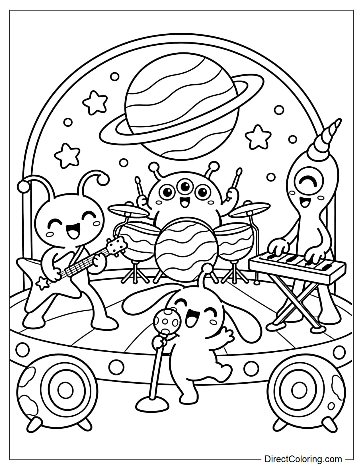Four aliens with different body shapes are performing on a small stage. One plays a star-shaped guitar, another plays planet-shaped drums, the third sings into a moon-shaped microphone, and the last plays a keyboard.