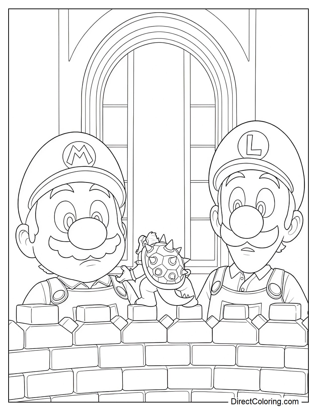 Mario and Luigi stare in confusion at a tiny shrunken Bowser, who angrily raises his hand and threatens them from atop a brick wall.