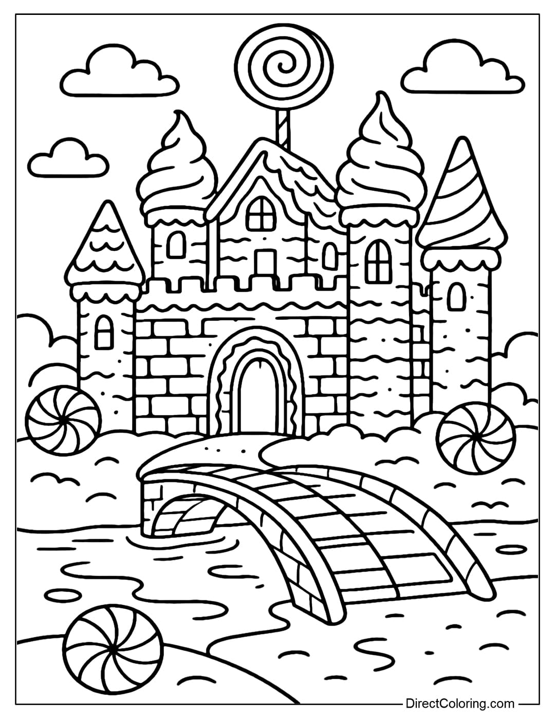 A majestic gingerbread castle coloring page, caramel walls, a white cream tower, a chocolate bridge over a syrup lake.