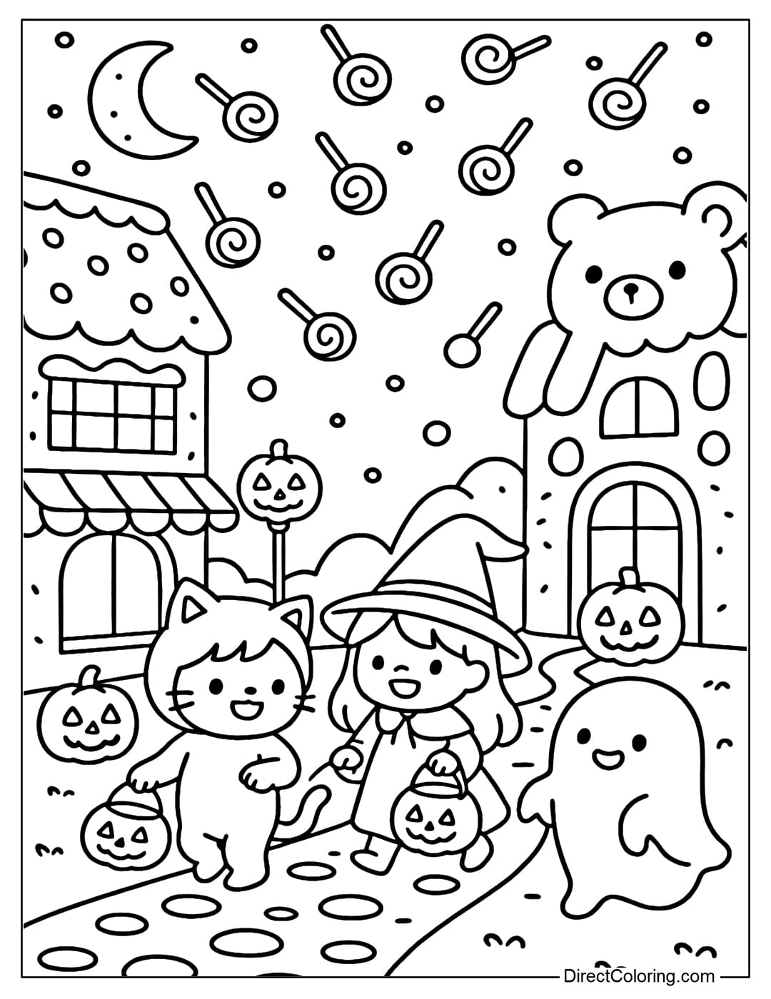 Coloring page of candy street on Halloween night, with shops made of cookies and marshmallows, pumpkin lanterns.