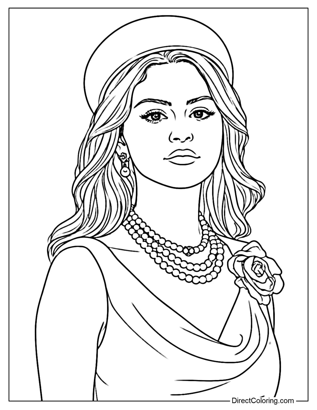 Selena Gomez is dressed in a classic style with a hat, pearl necklace, and brooch, showcasing sophistication and refinement.