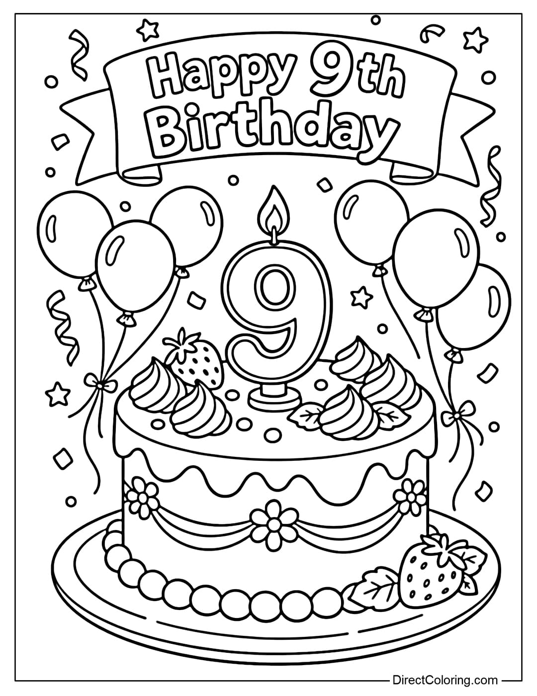 A coloring page for a 9th birthday featuring a single-tiered cake with the number 9, some balloons floating around it, and the words 