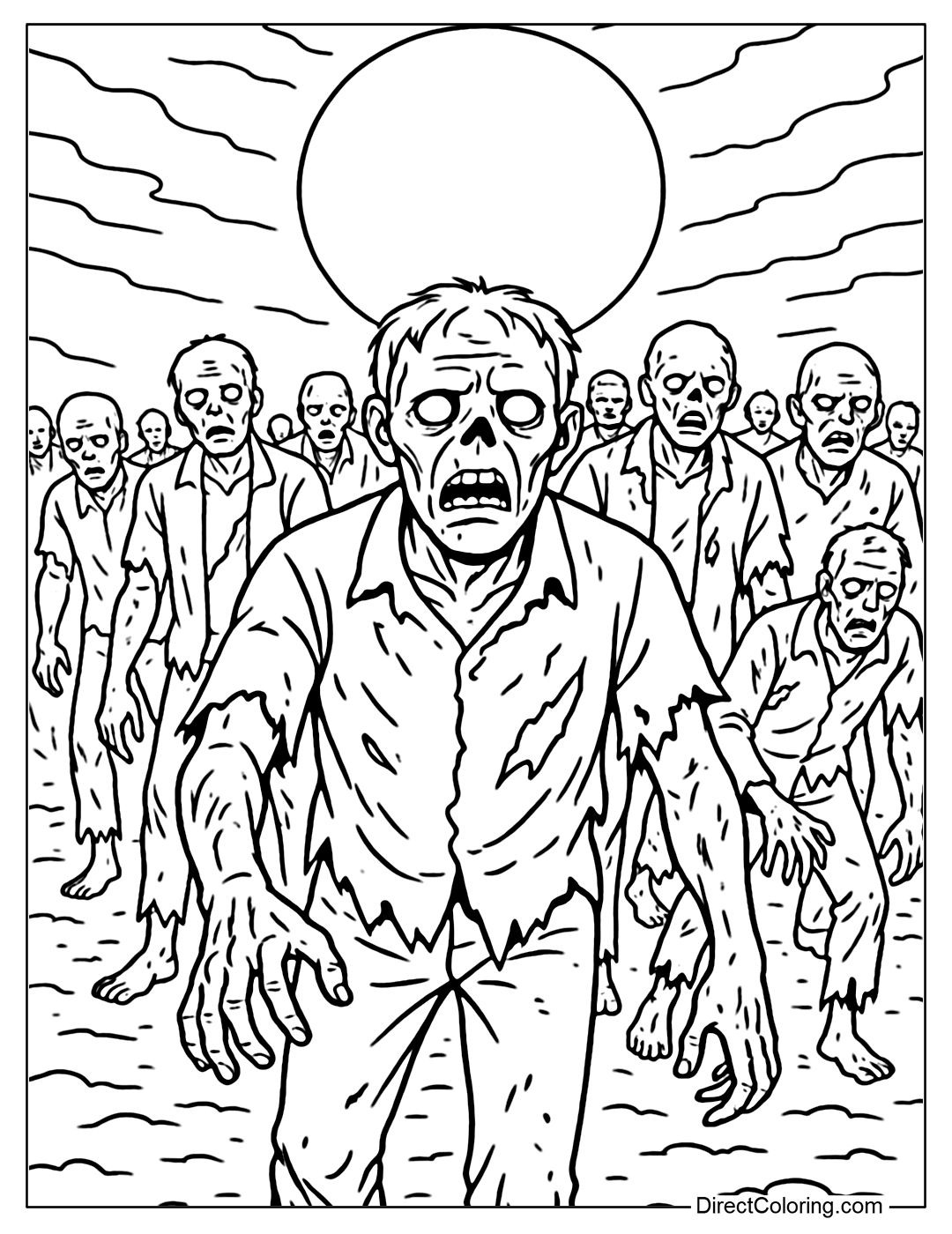 Coloring page of a crowded zombie crowd moving forward, its shape crooked, the moonlight shining behind it.