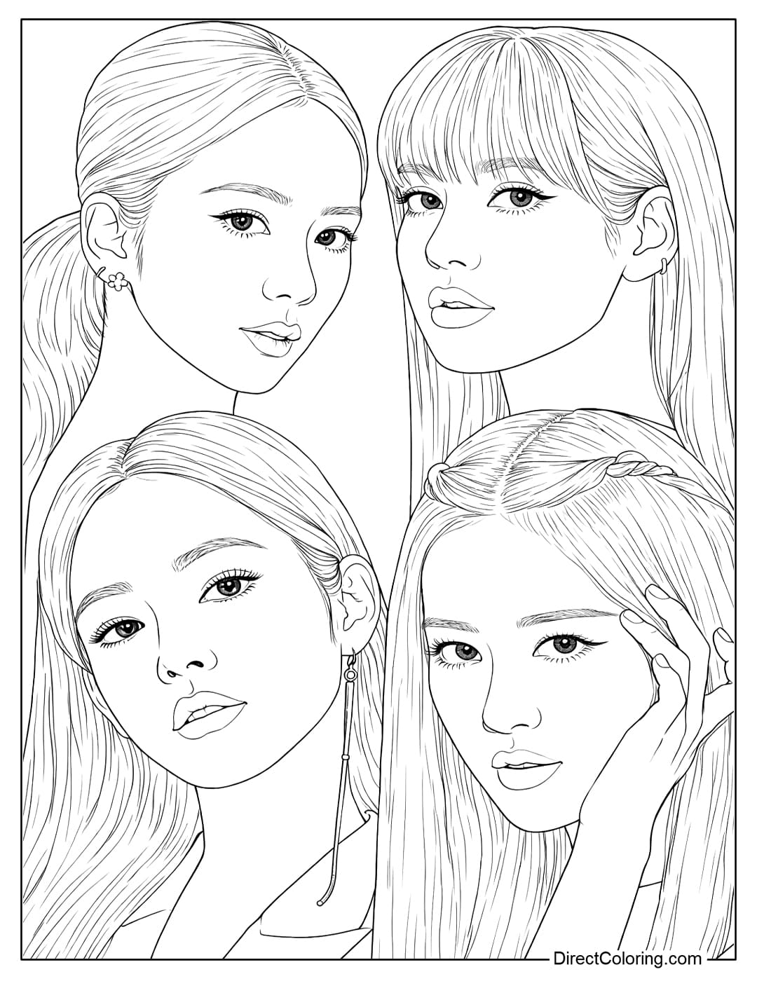 A coloring page of Rosé Blackpink, radiant and captivating, along with members Jisoo with her delicate, queen-like beauty, Lisa with her sharp, doll-like aura, and Jennie with her chic and alluring charm.