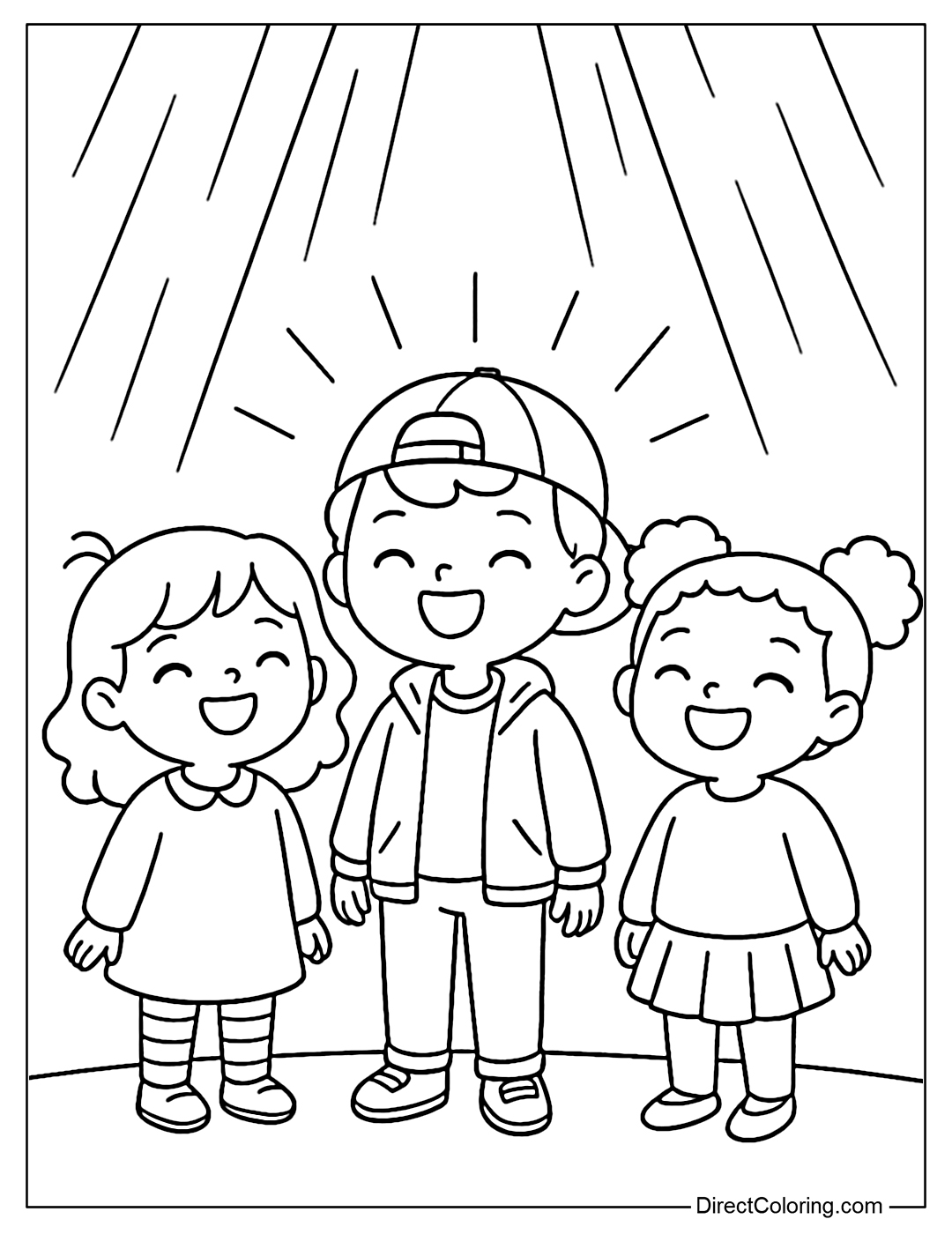 Coloring page of three children wearing different styles, standing under the stage light, each one radiant.