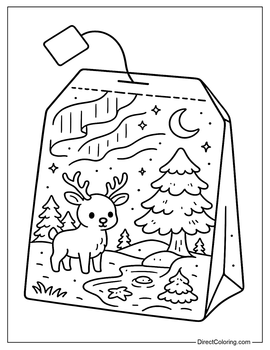 Tea bag coloring page with an Arctic night scene: aurora borealis, reindeer, and snow-covered pine trees.