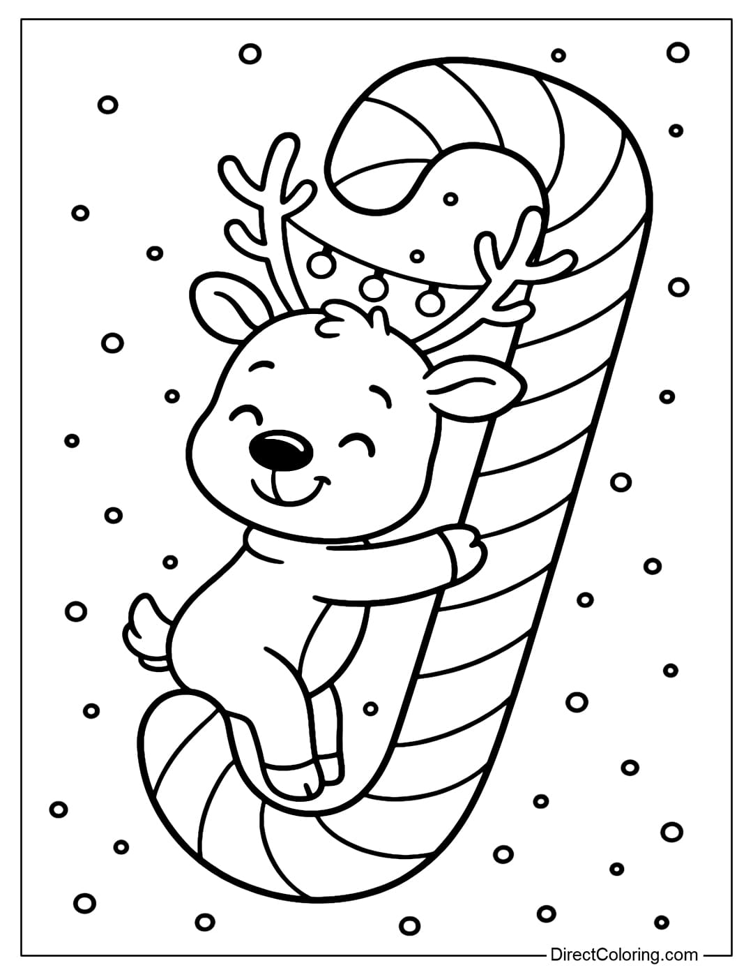 The Letter J Christmas coloring page is tilted like a big candy cane, the little reindeer hugs the body of the letter tightly.