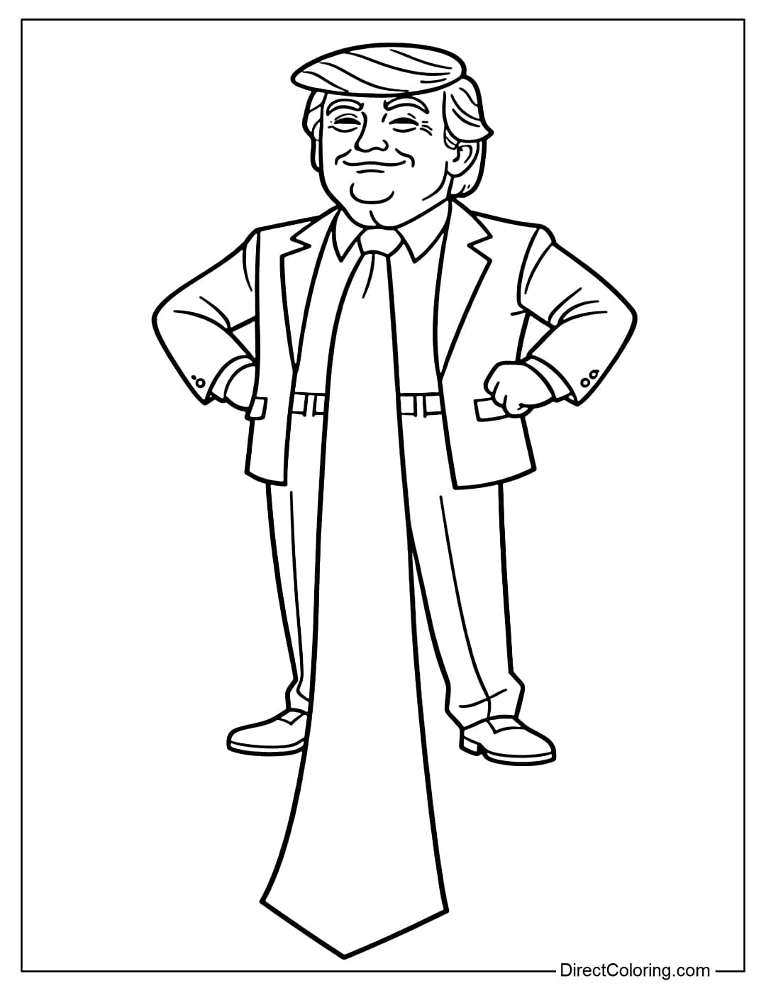 A coloring page of Donald Trump posing humorously with an excessively long and large tie, standing upright but with a slightly smug expression.